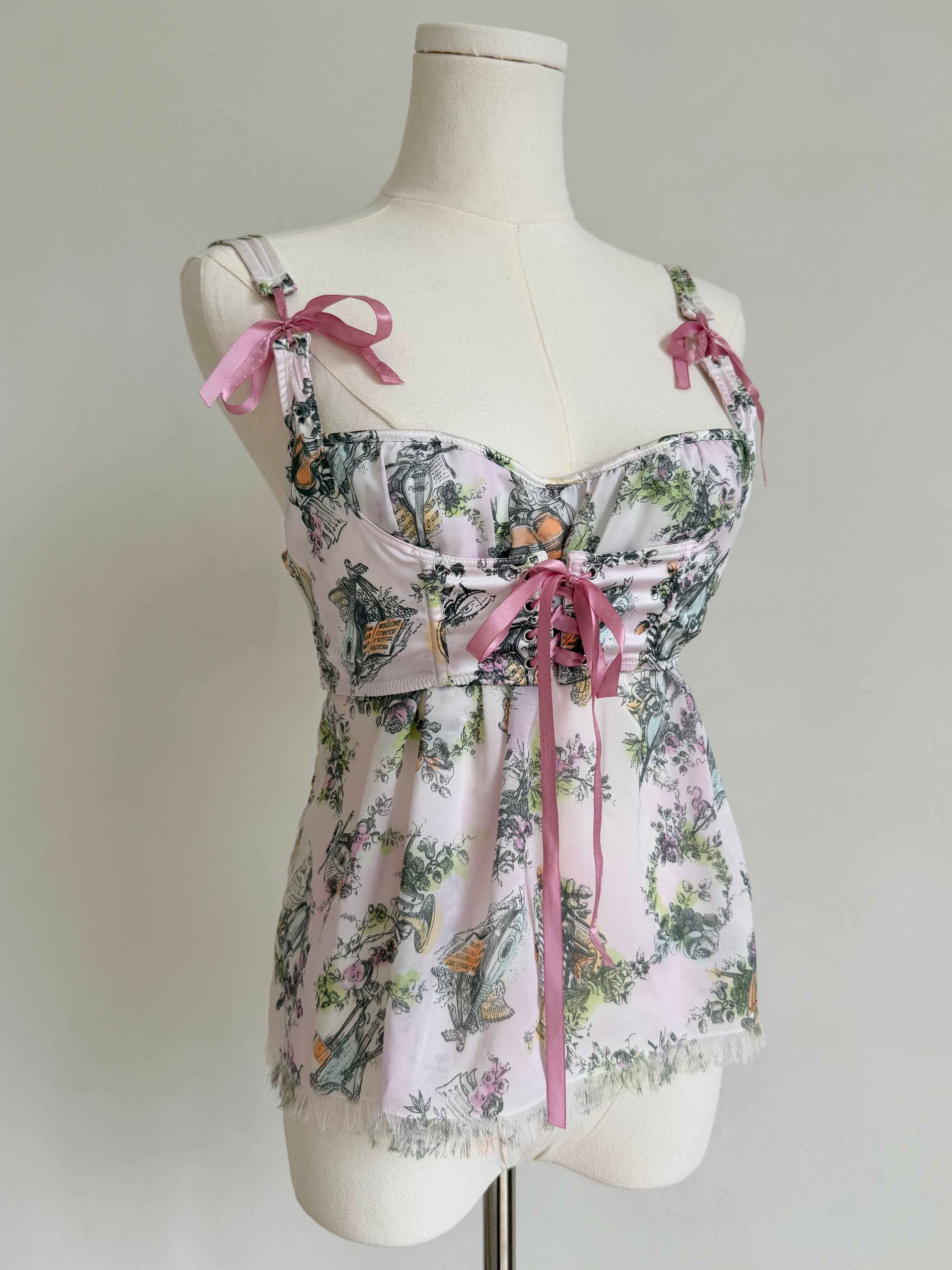 Lavender Sheer “Boudoir Toile” Ribbon Corset Top