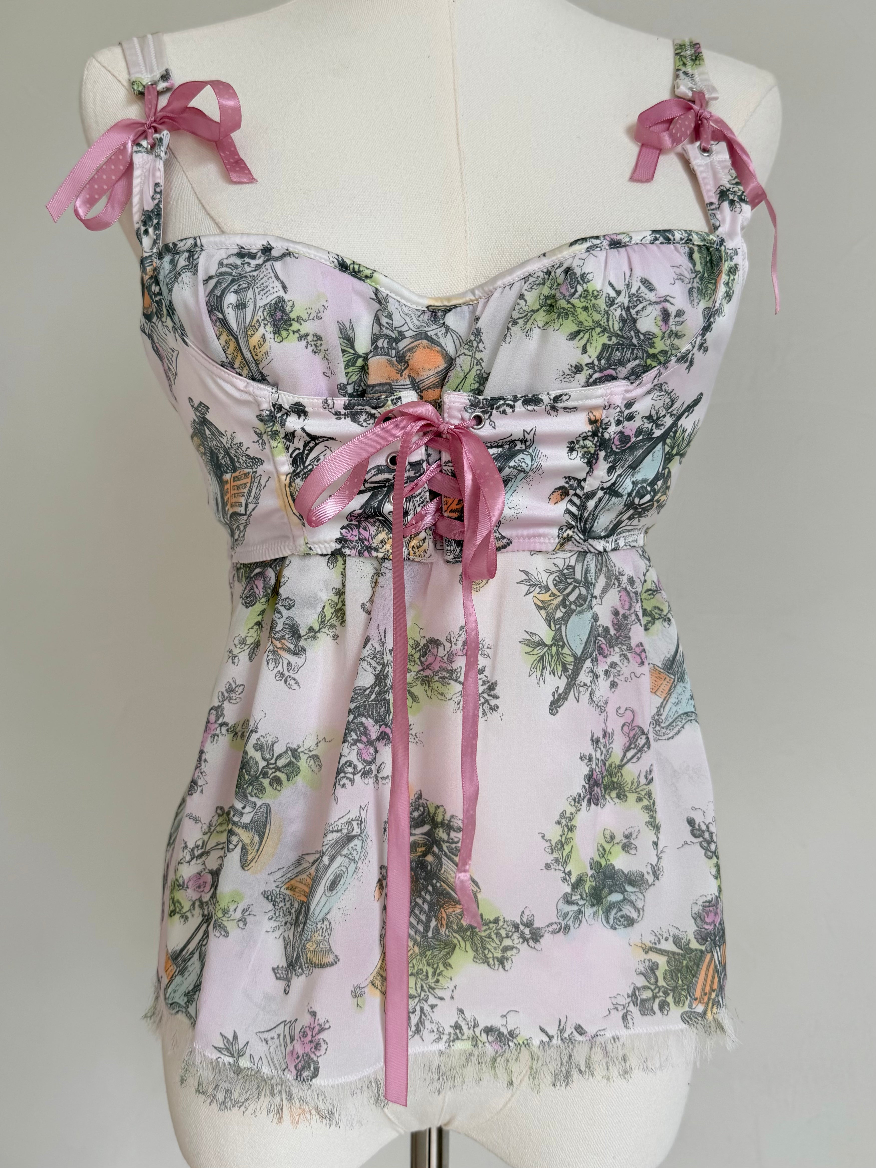 Lavender Sheer “Boudoir Toile” Ribbon Corset Top