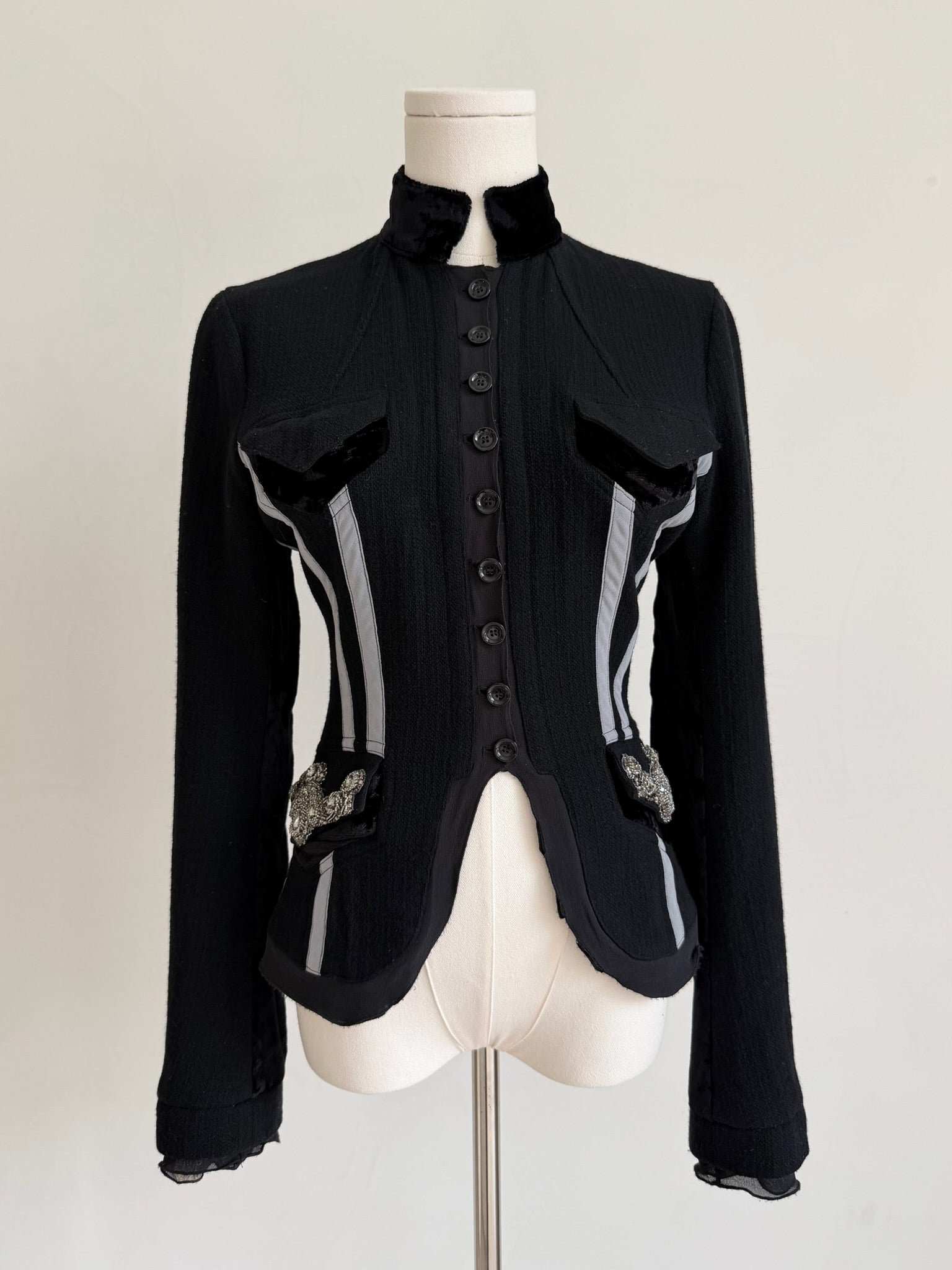 Black Wool Jacket with Grey Stripes & Crystal Pocket Accents