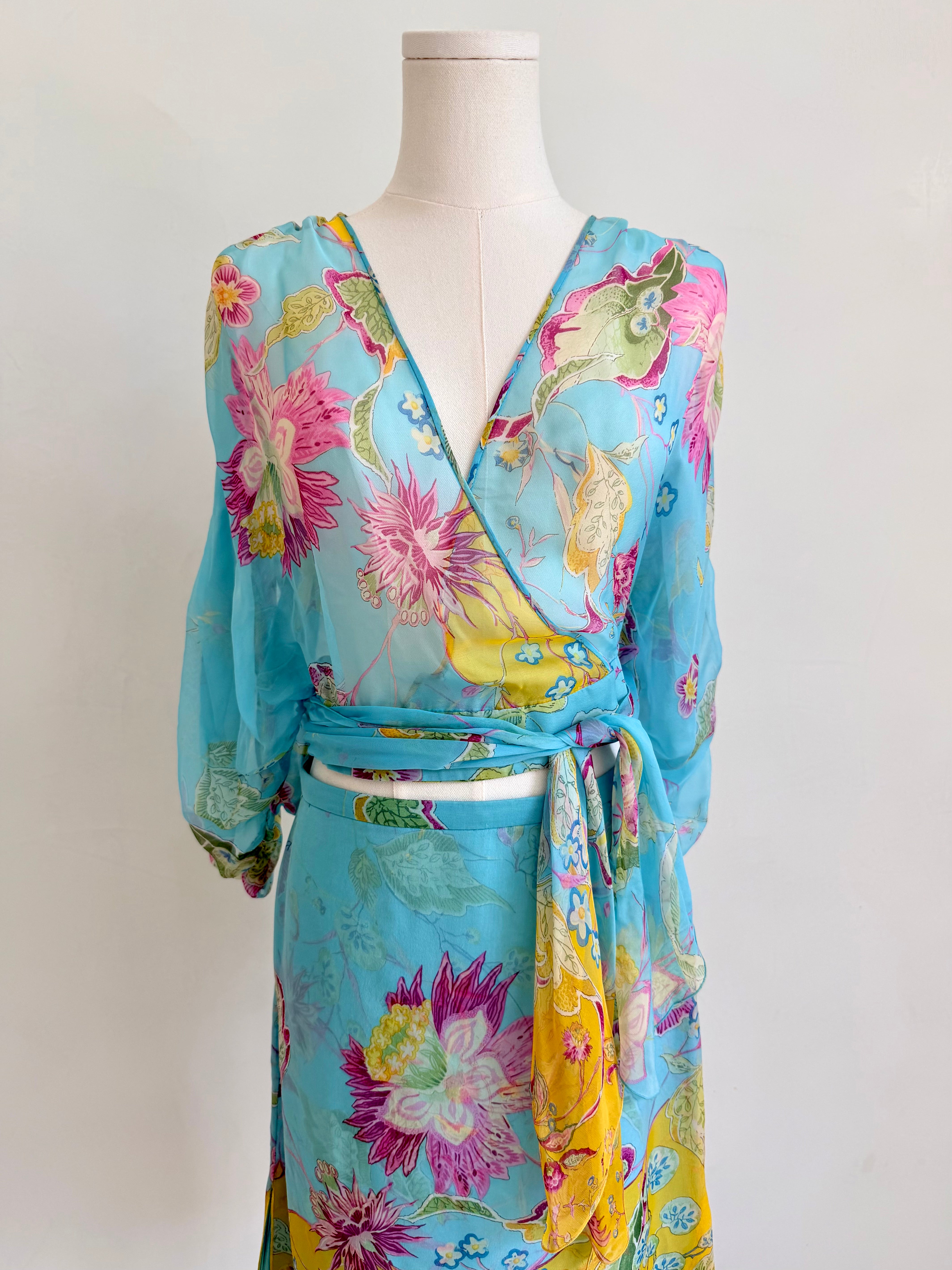 S/S 2004 Blue Floral Wrap Top and Skirt Set