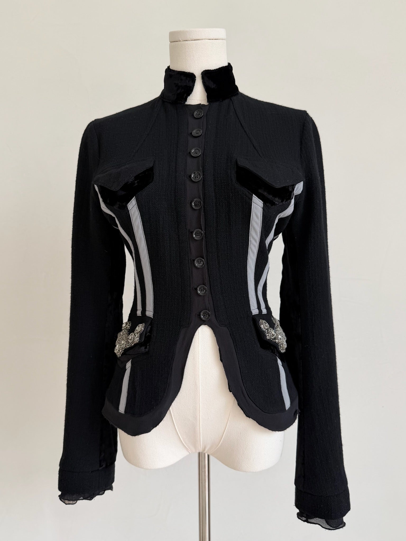 Black Wool Jacket with Grey Stripes & Crystal Pocket Accents