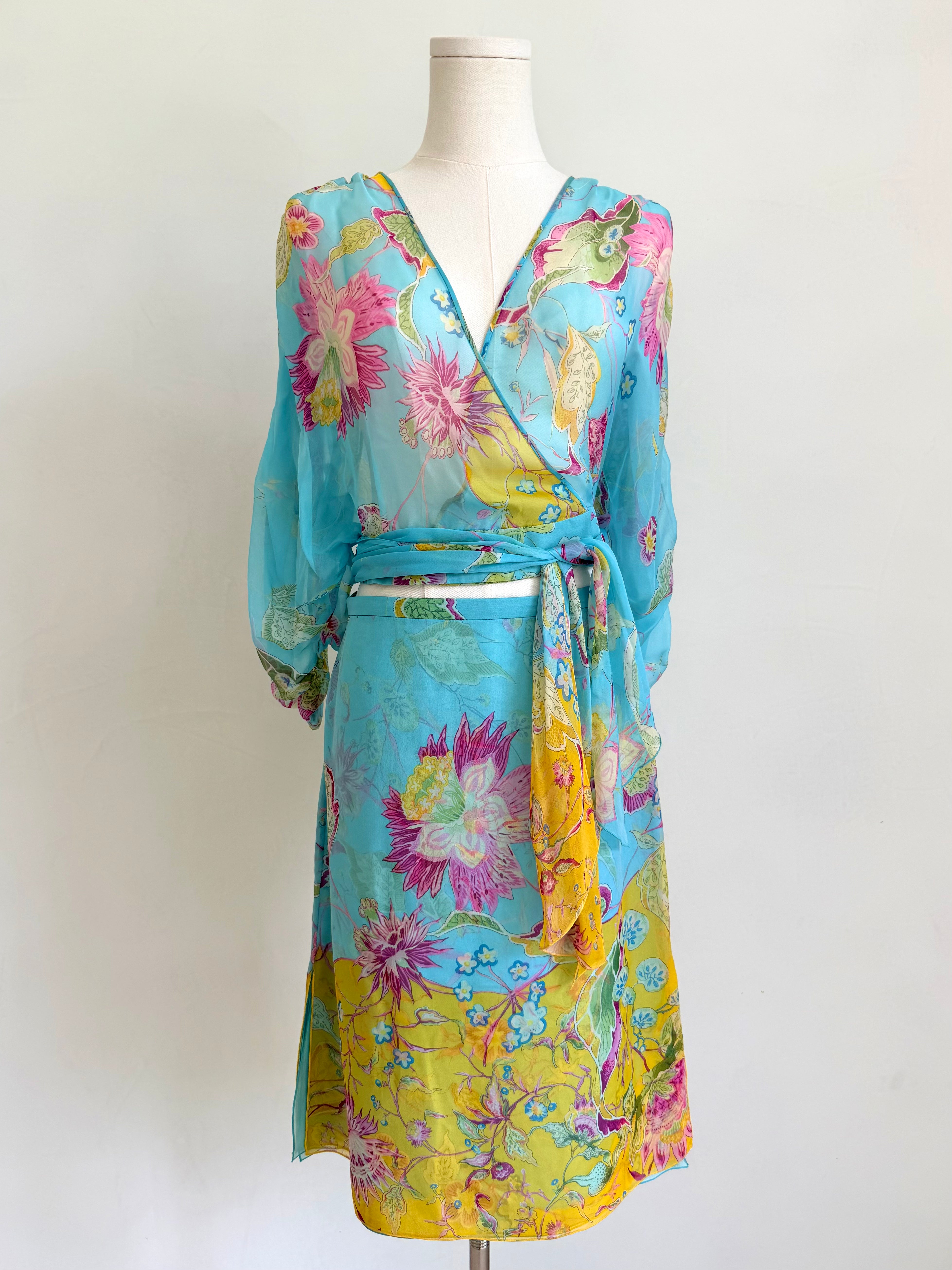 S/S 2004 Blue Floral Wrap Top and Skirt Set