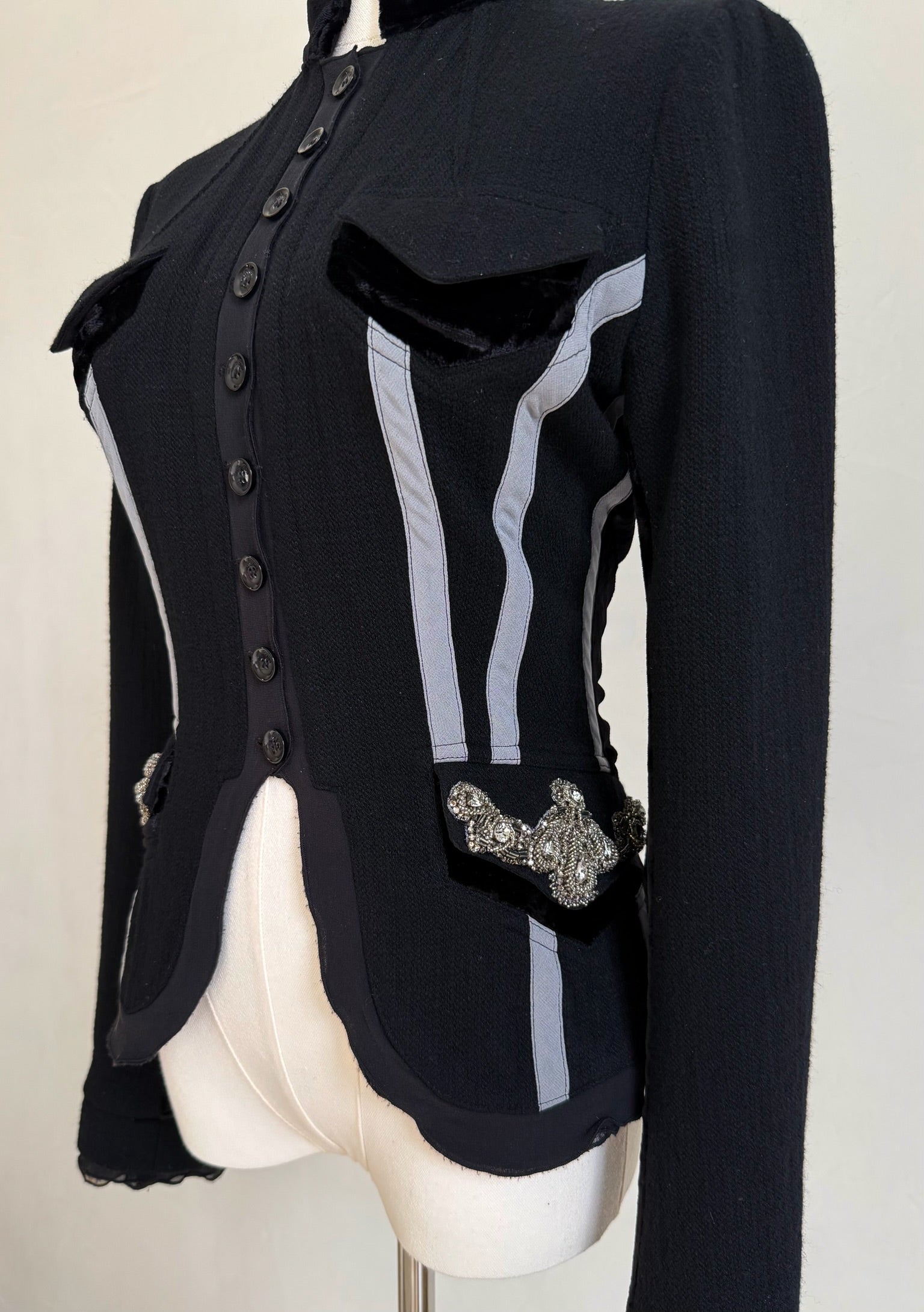 Black Wool Jacket with Grey Stripes & Crystal Pocket Accents