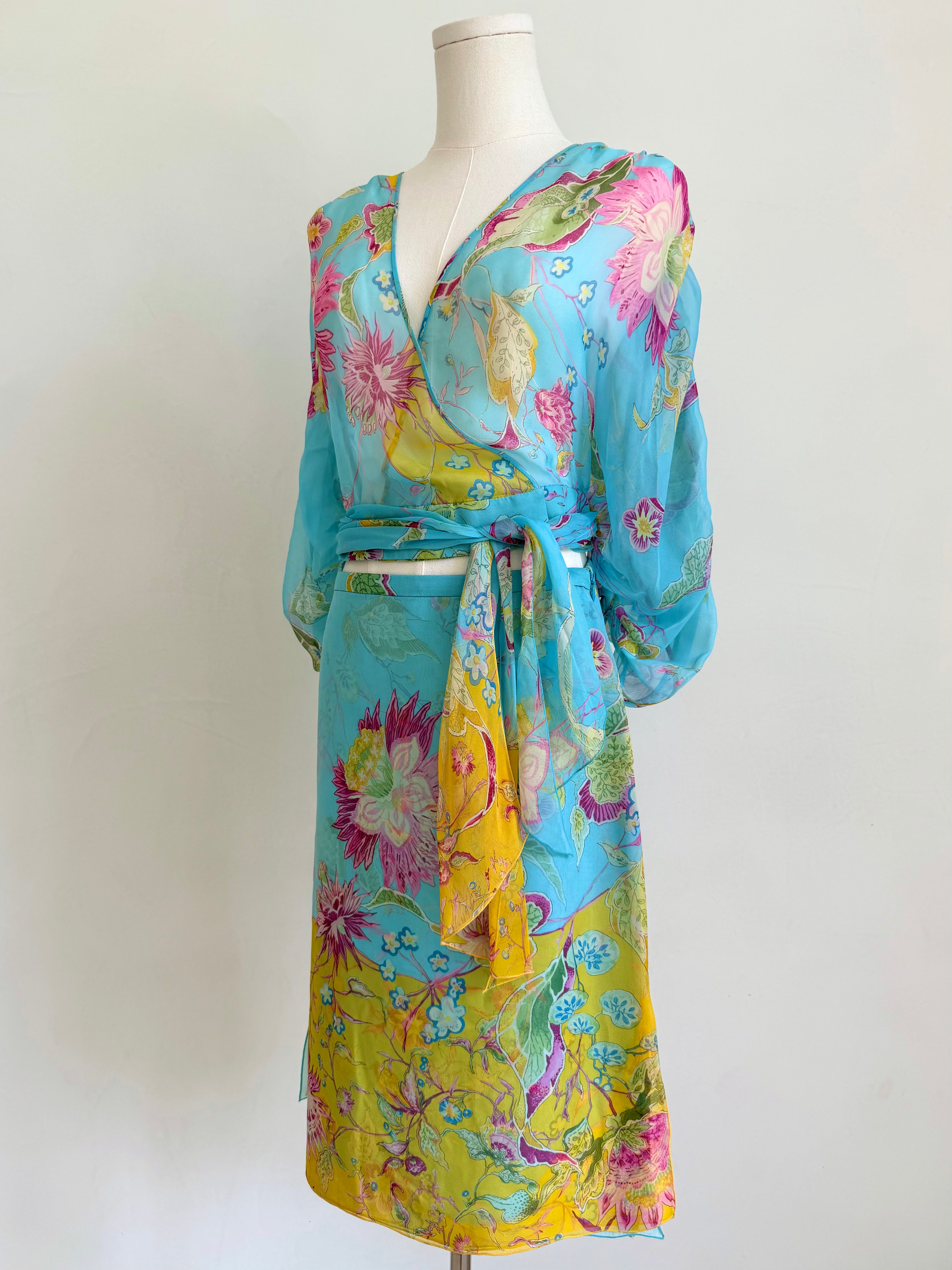 S/S 2004 Blue Floral Wrap Top and Skirt Set