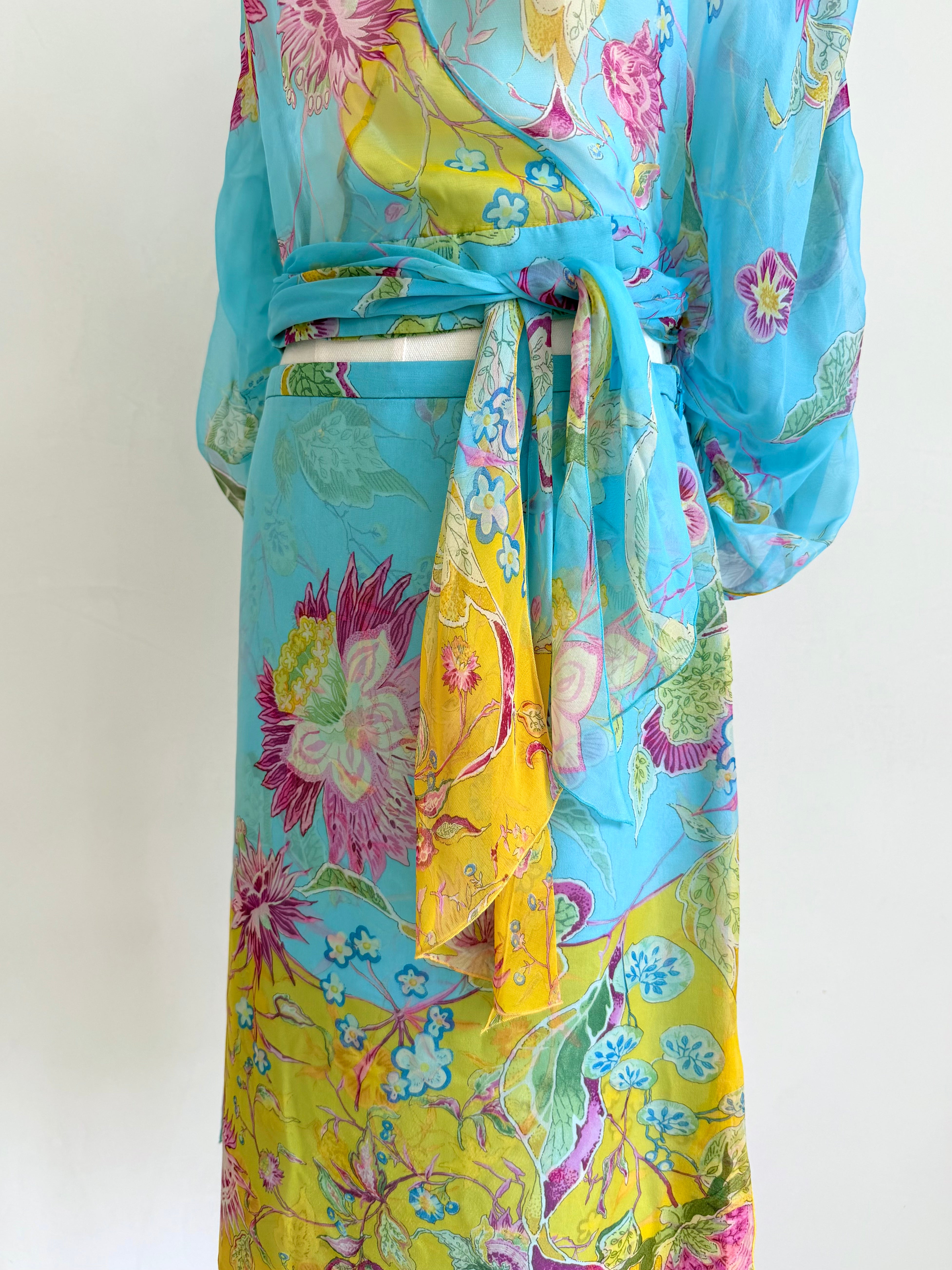 S/S 2004 Blue Floral Wrap Top and Skirt Set