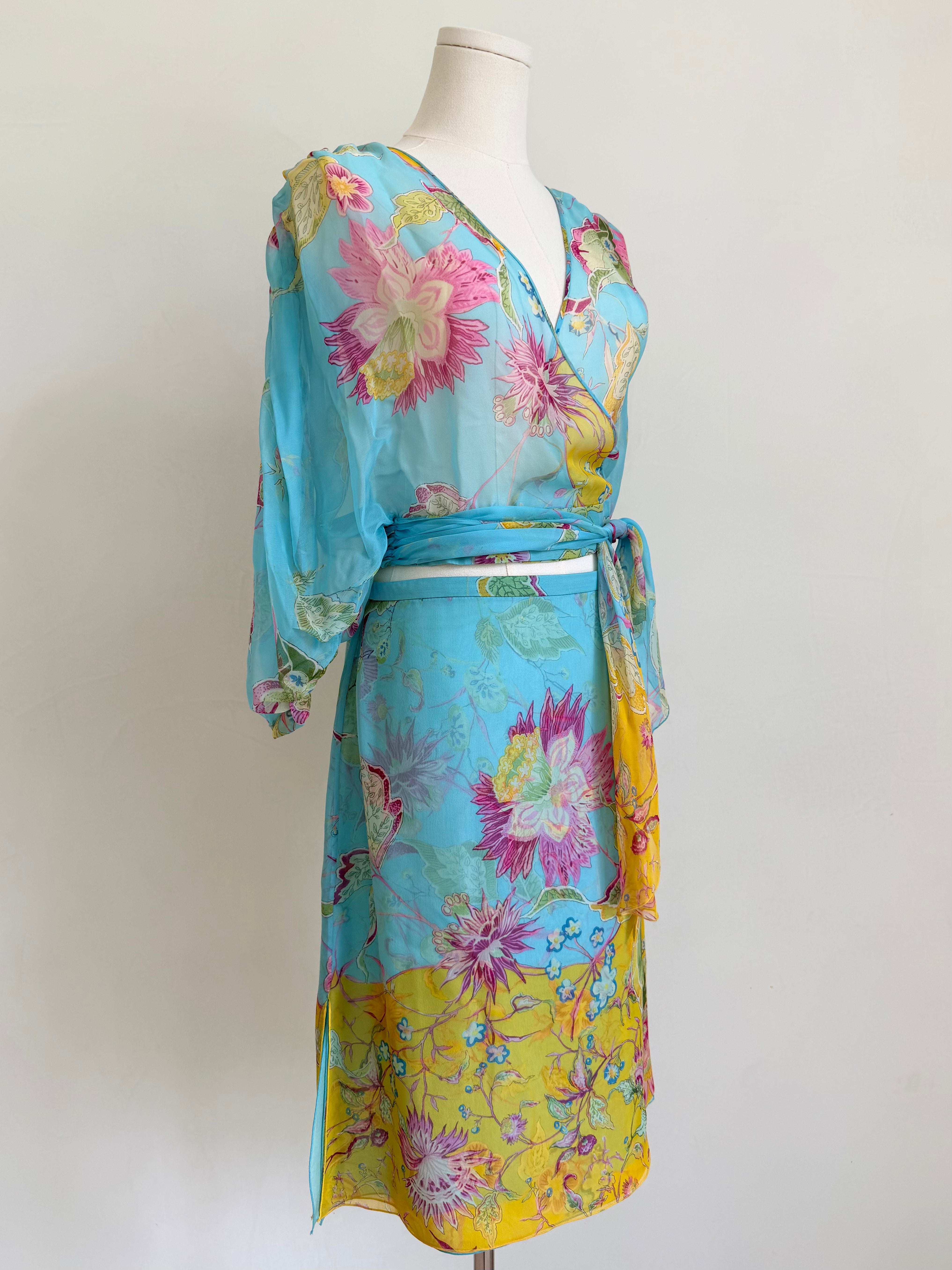 S/S 2004 Blue Floral Wrap Top and Skirt Set