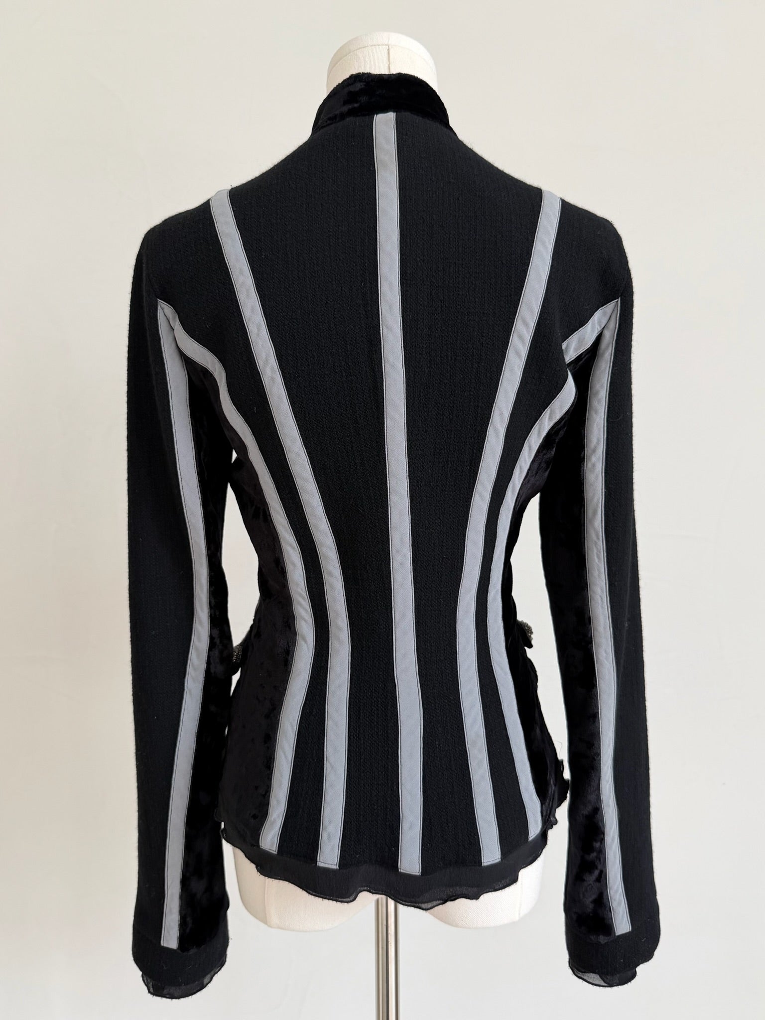 Black Wool Jacket with Grey Stripes & Crystal Pocket Accents