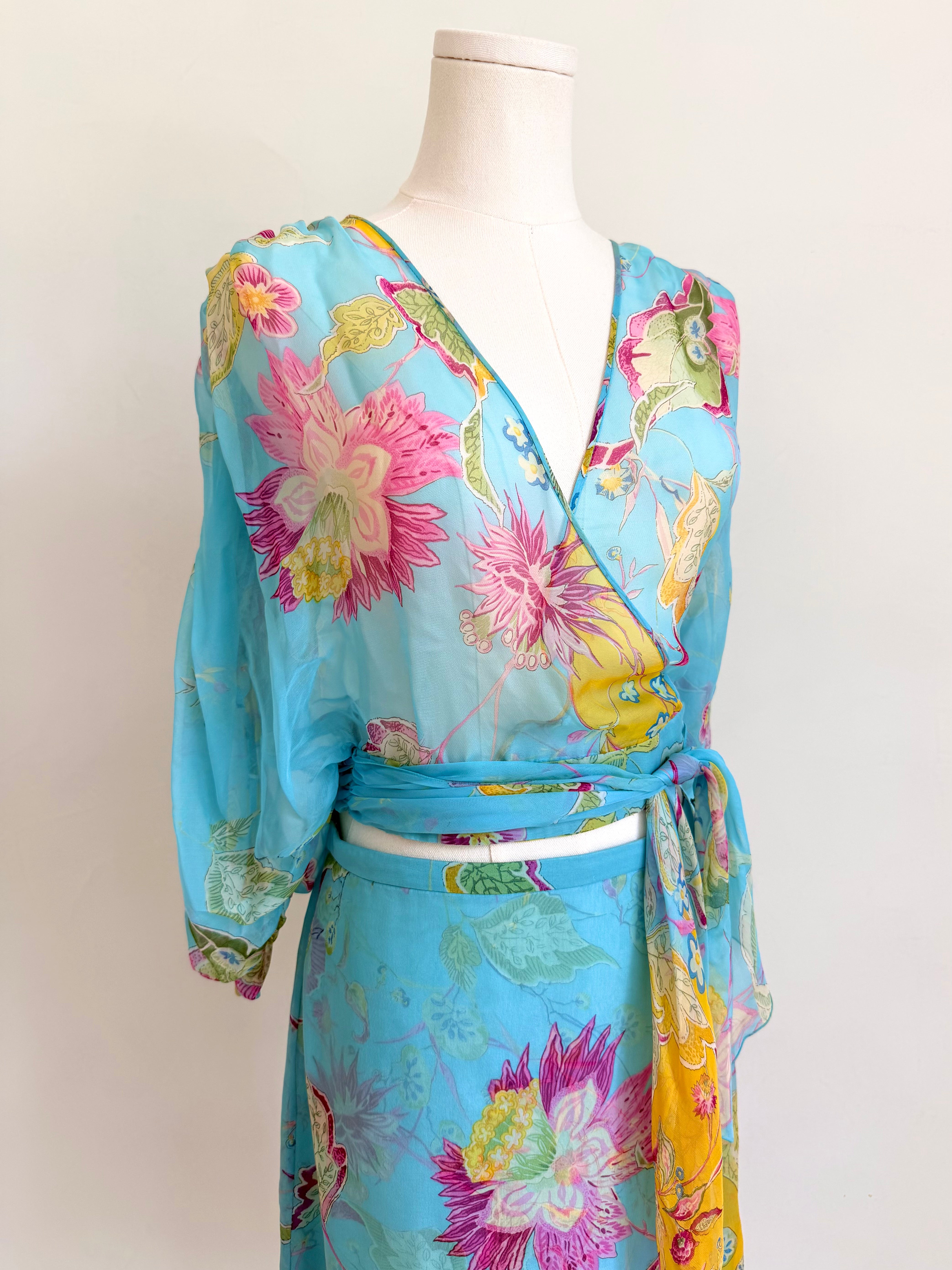 S/S 2004 Blue Floral Wrap Top and Skirt Set