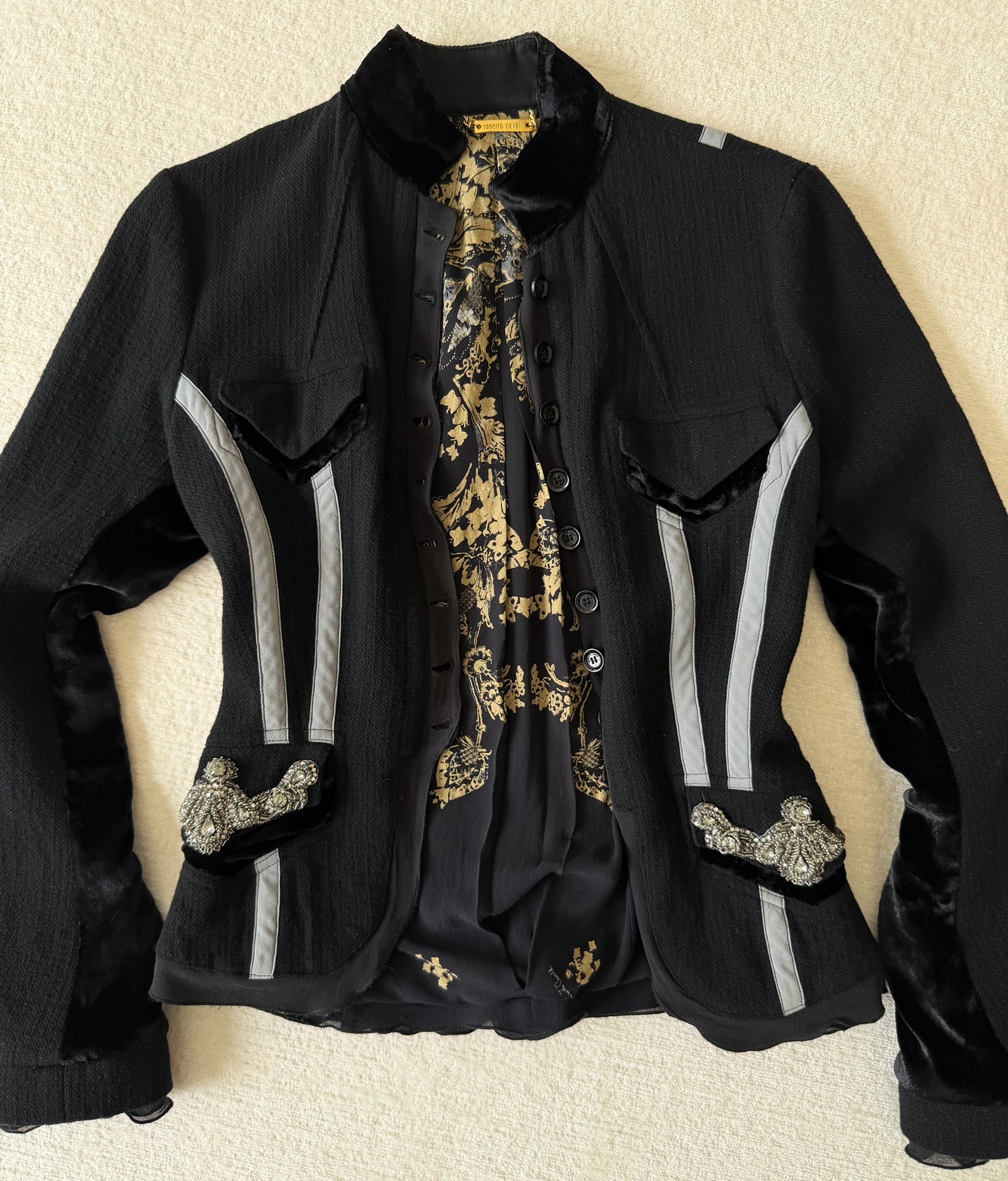 Black Wool Jacket with Grey Stripes & Crystal Pocket Accents