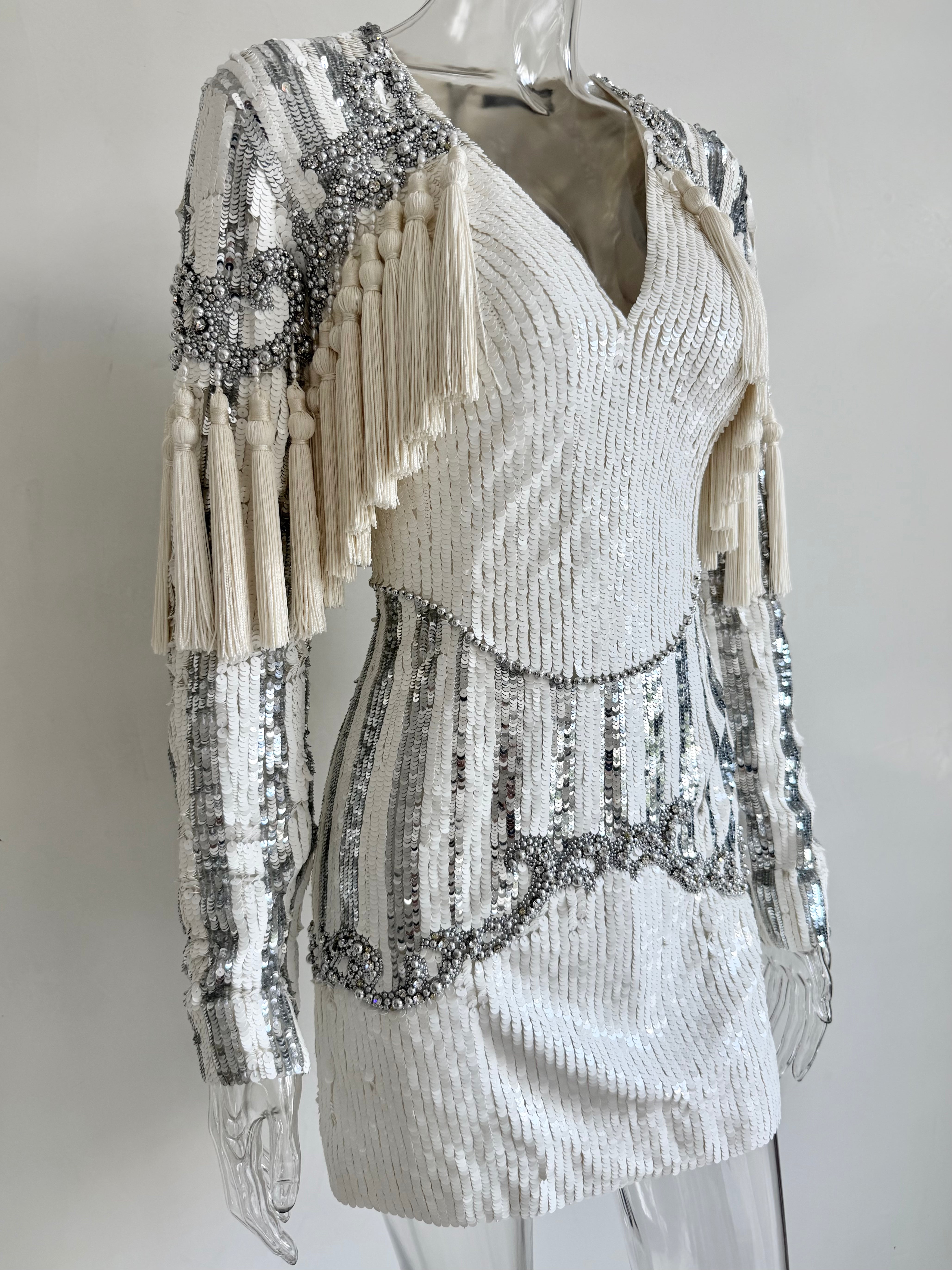 F/W 2016 White and Silver Sequin Embellished Tassel Longsleeve Dress