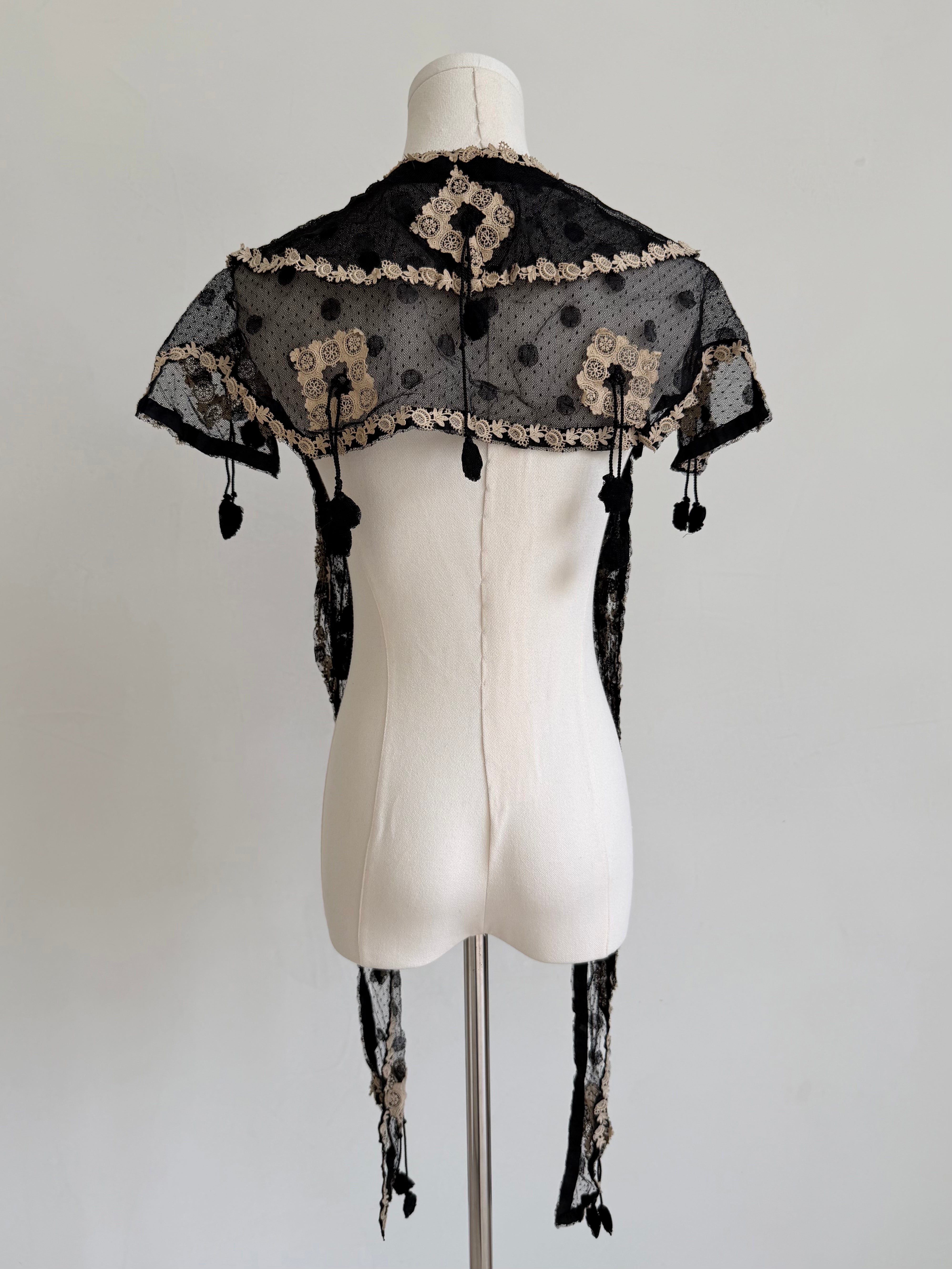 Edwardian Black Lace Stole with Beige Appliqué & Tassel Trim