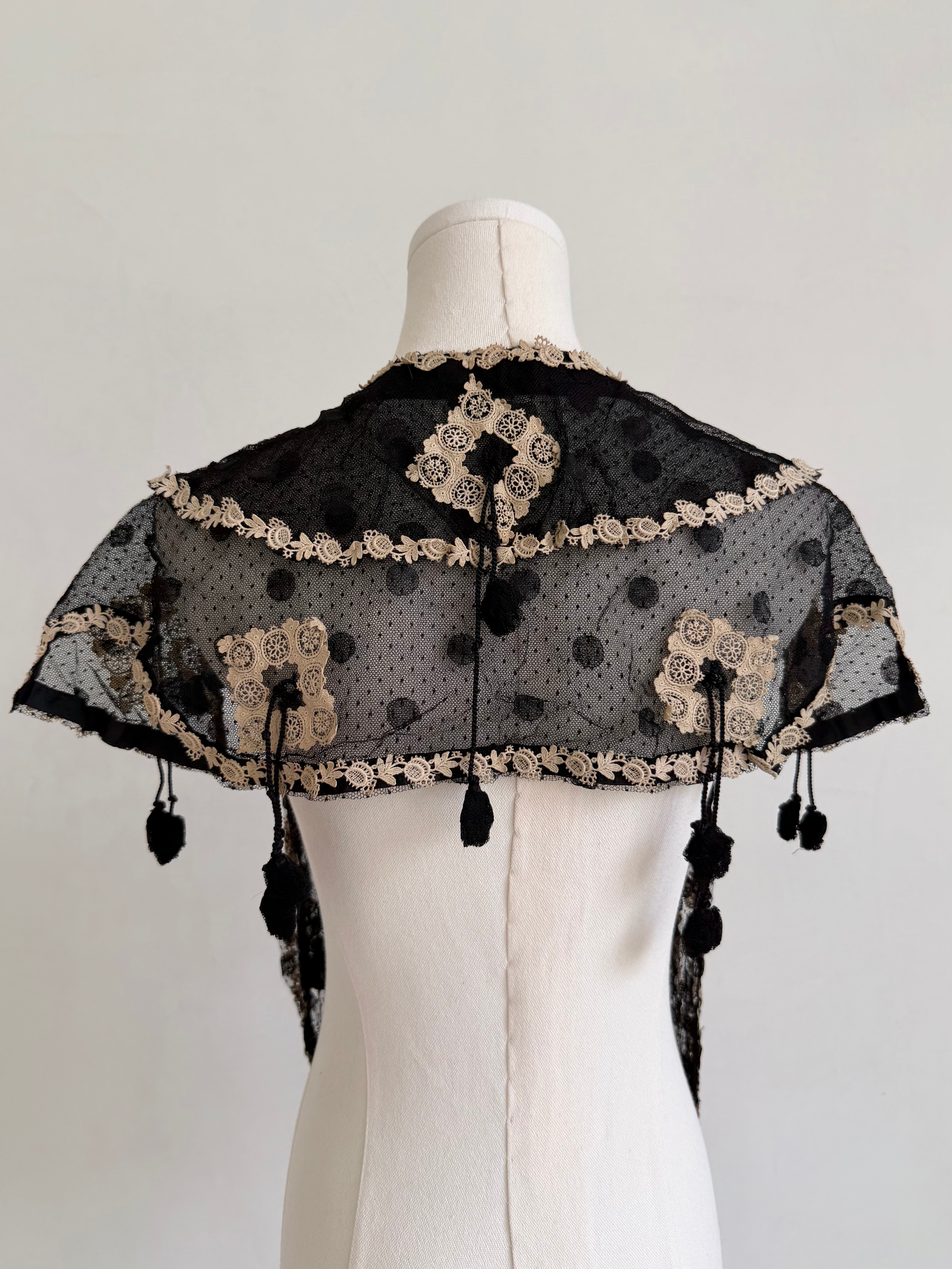 Edwardian Black Lace Stole with Beige Appliqué & Tassel Trim