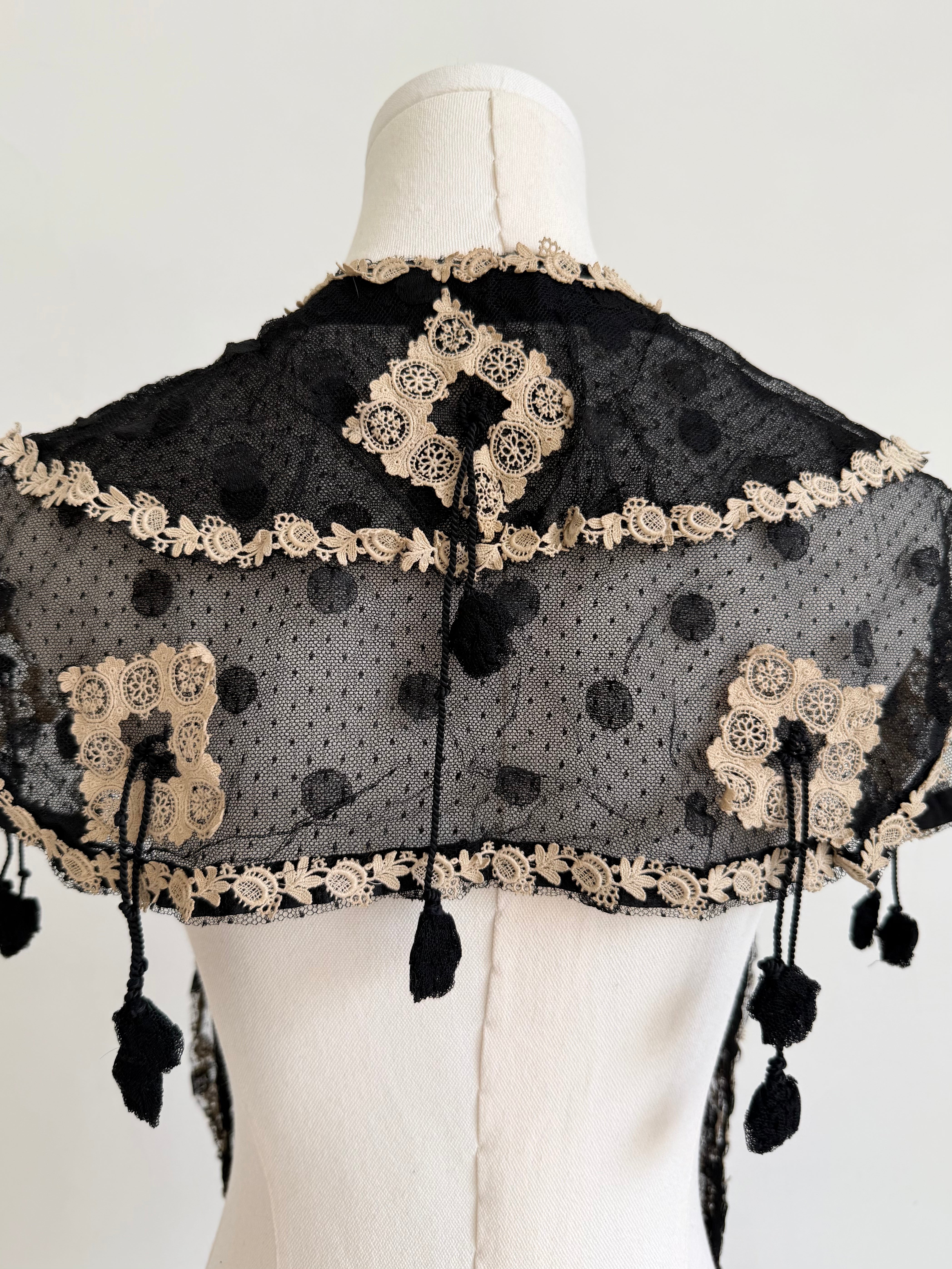 Edwardian Black Lace Stole with Beige Appliqué & Tassel Trim