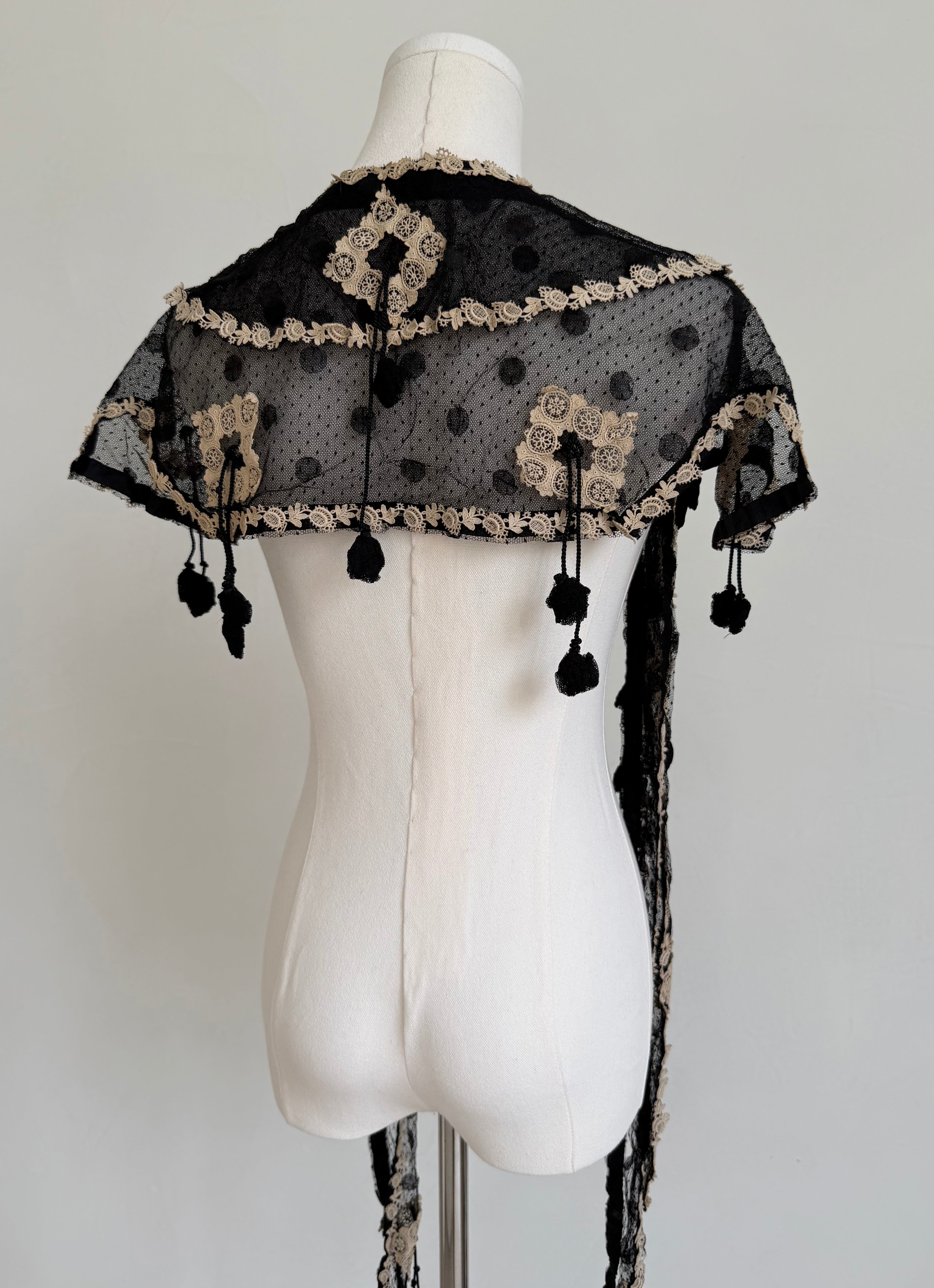 Edwardian Black Lace Stole with Beige Appliqué & Tassel Trim