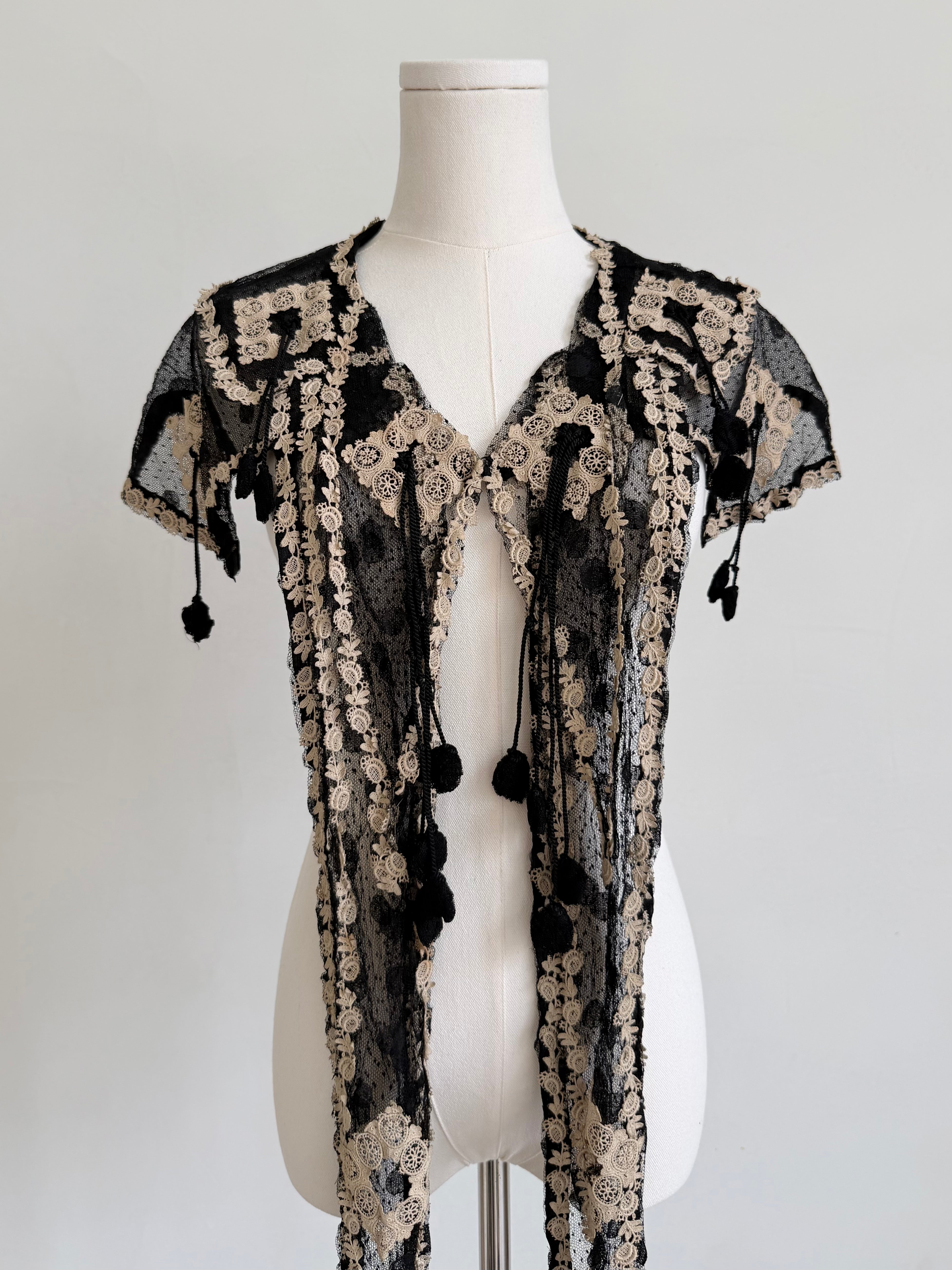 Edwardian Black Lace Stole with Beige Appliqué & Tassel Trim