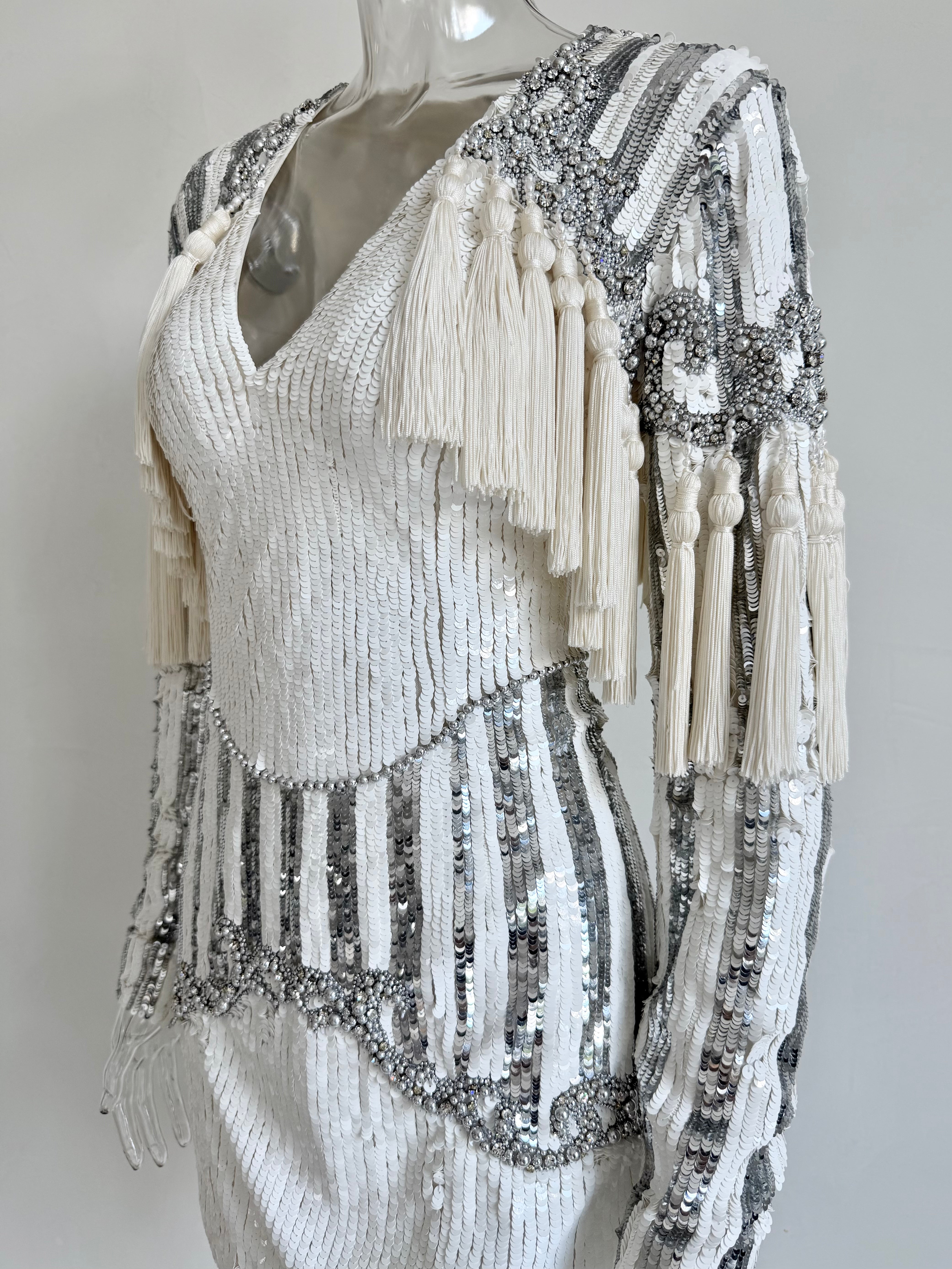 F/W 2016 White and Silver Sequin Embellished Tassel Longsleeve Dress