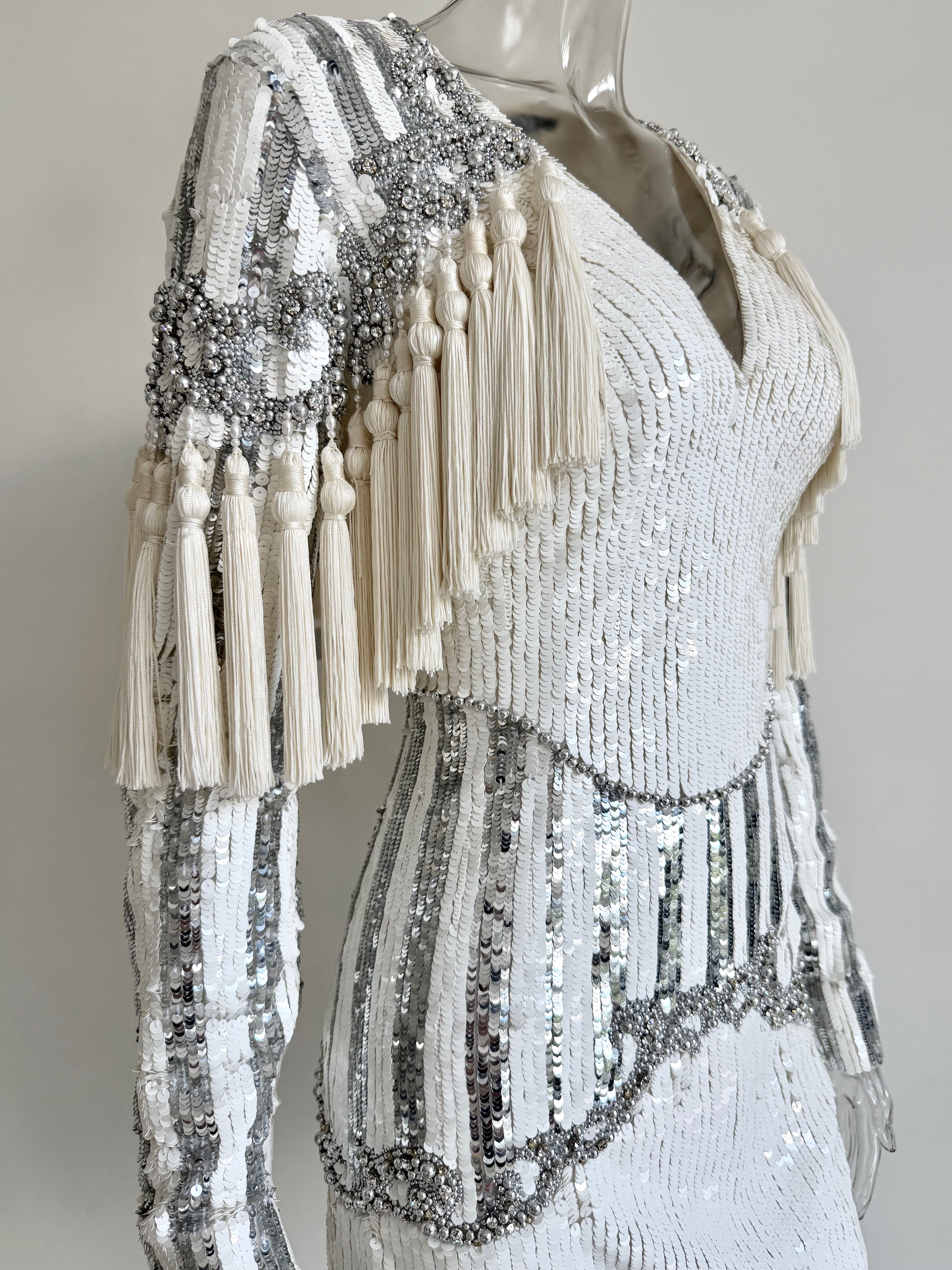F/W 2016 White and Silver Sequin Embellished Tassel Longsleeve Dress