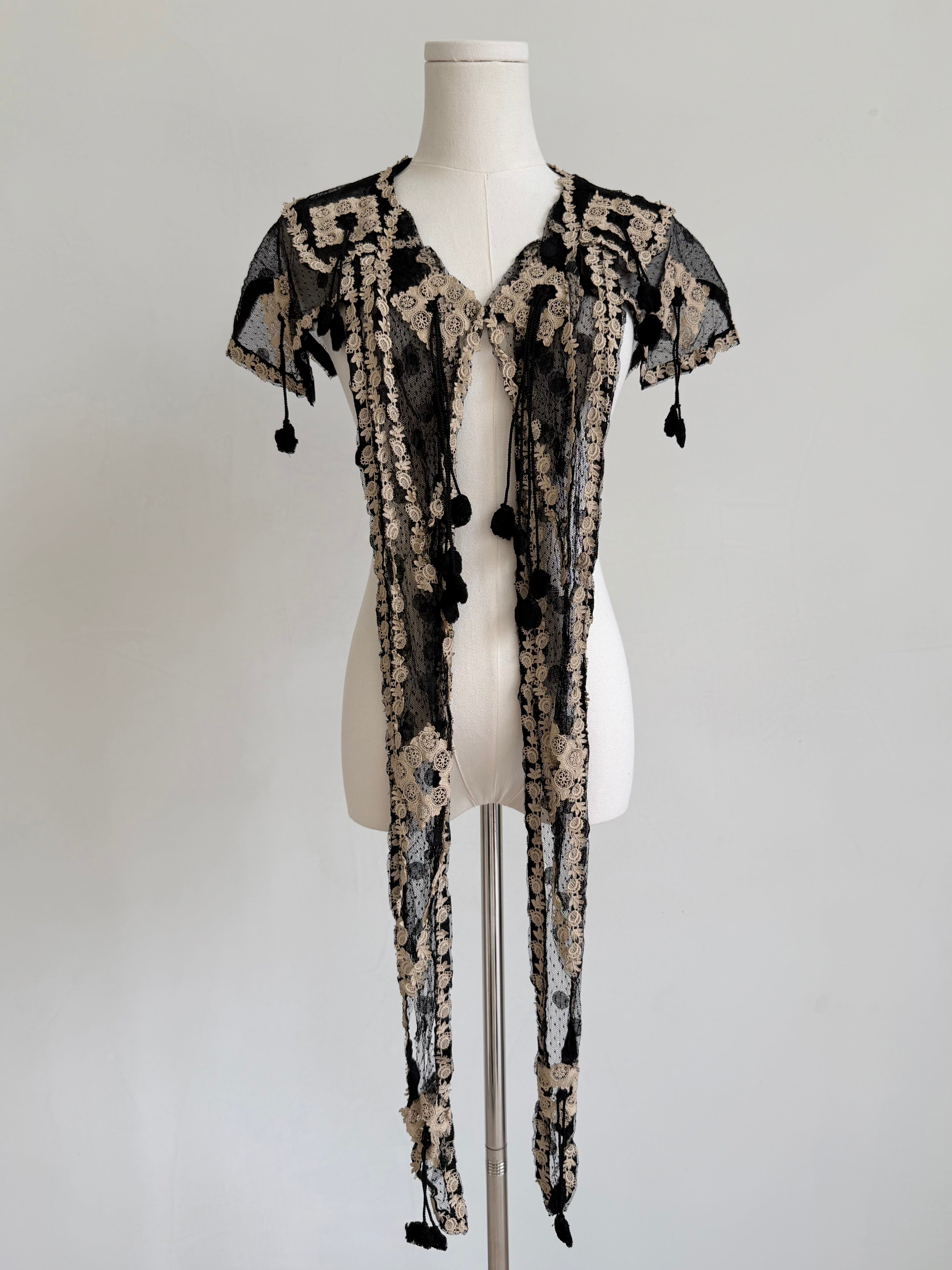 Edwardian Black Lace Stole with Beige Appliqué & Tassel Trim