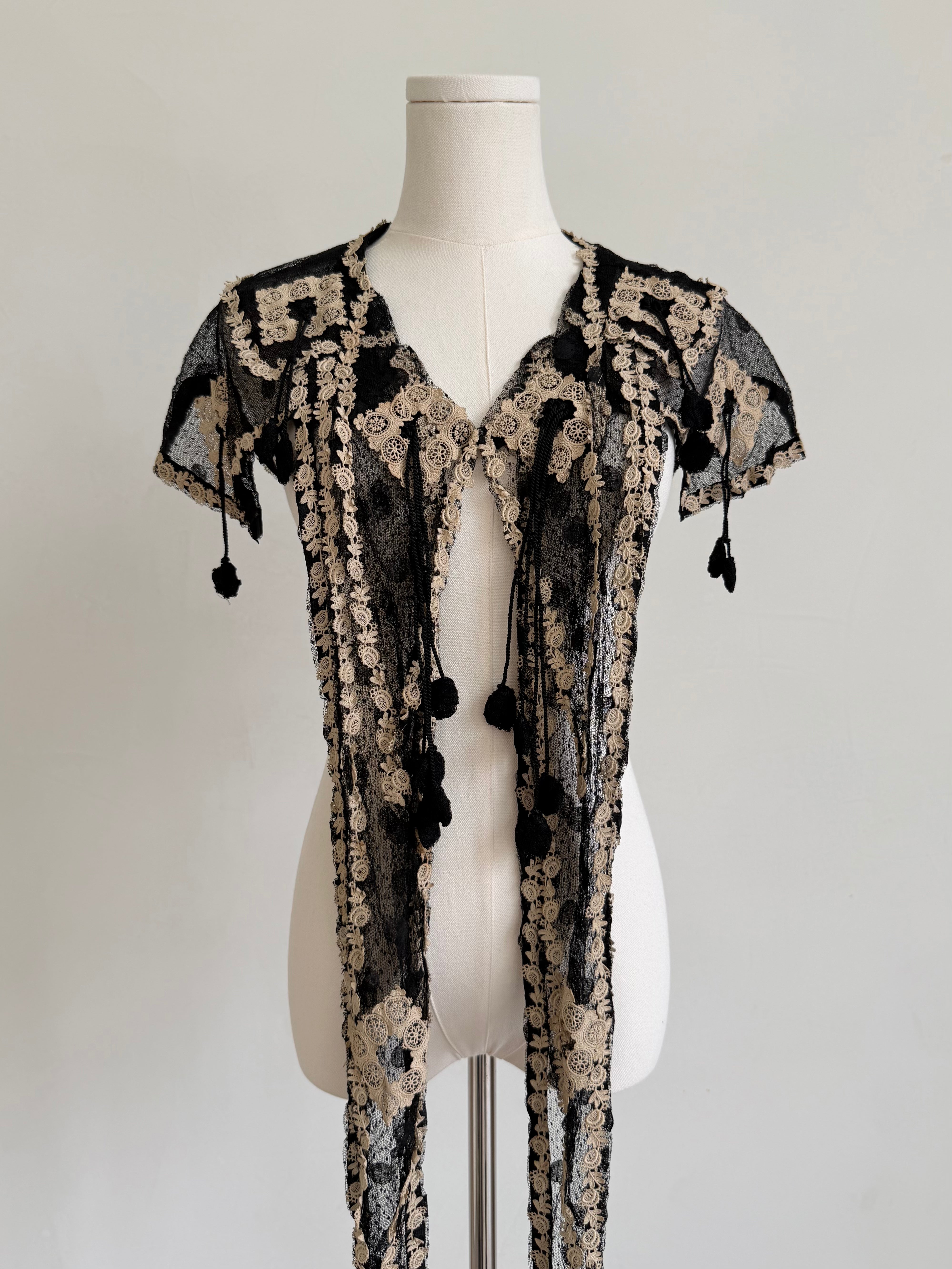 Edwardian Black Lace Stole with Beige Appliqué & Tassel Trim
