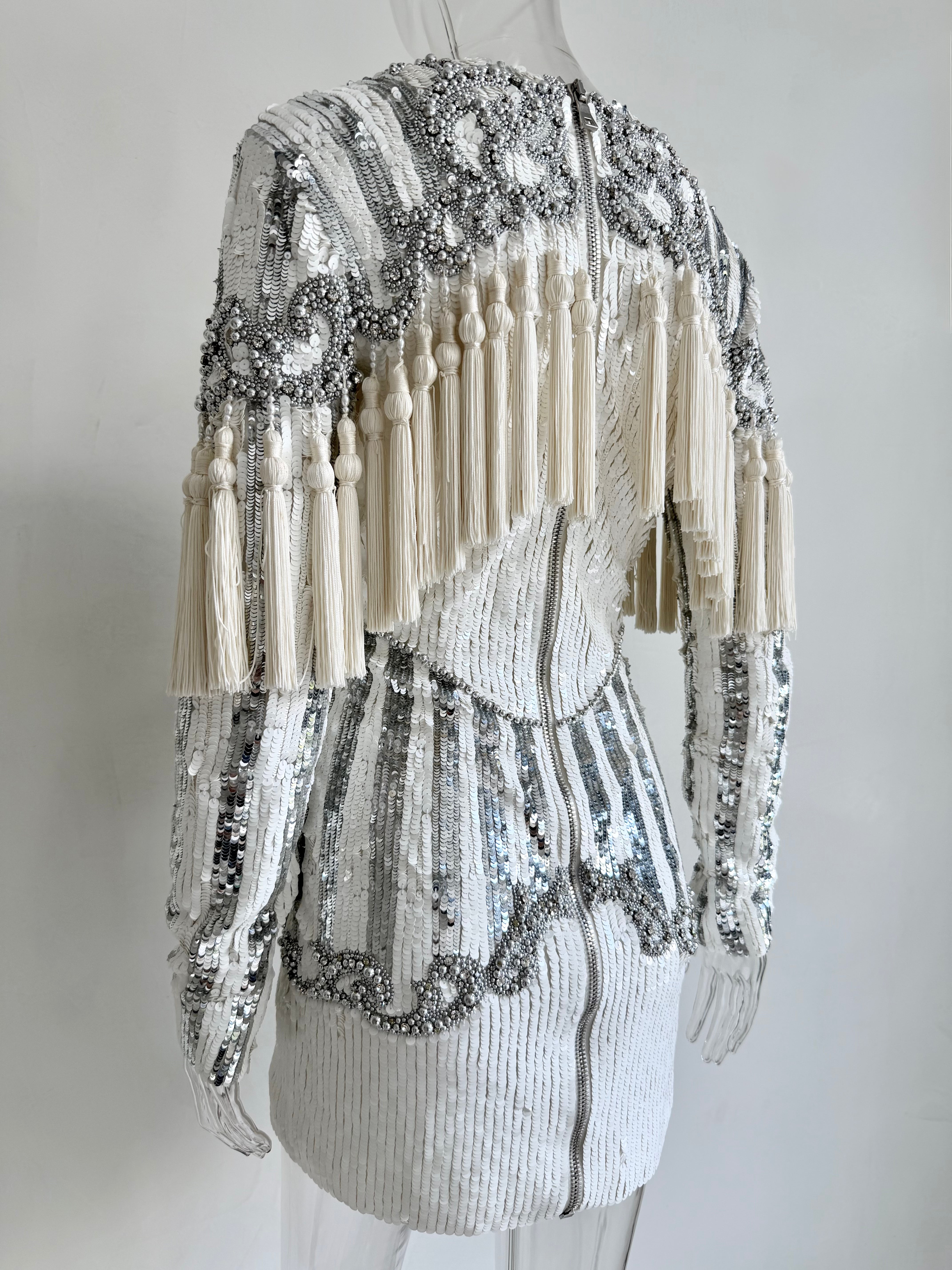 F/W 2016 White and Silver Sequin Embellished Tassel Longsleeve Dress
