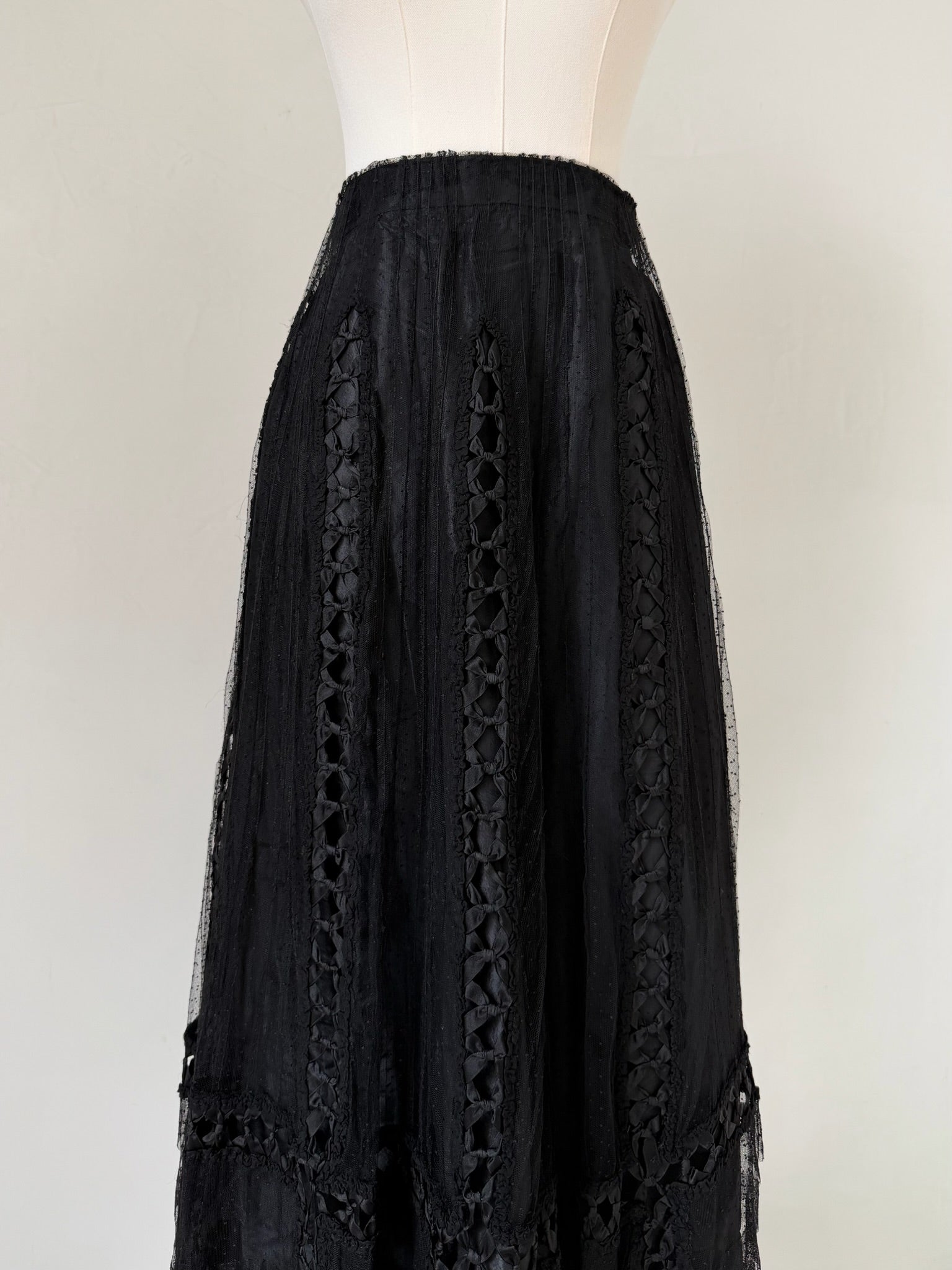 Edwardian Black Satin & Swiss Dot Tulle Skirt with Ribbon Bow Accents