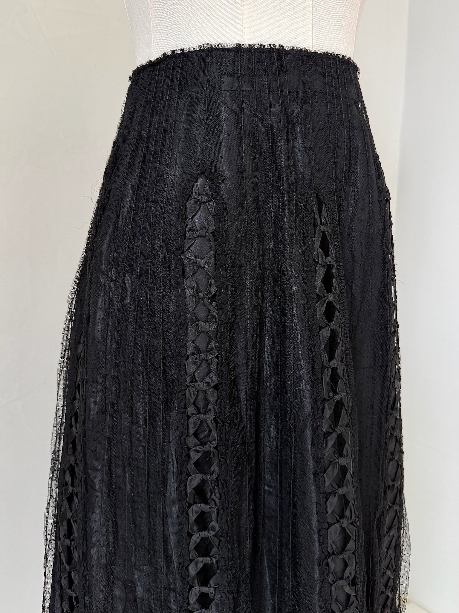 Edwardian Black Satin & Swiss Dot Tulle Skirt with Ribbon Bow Accents