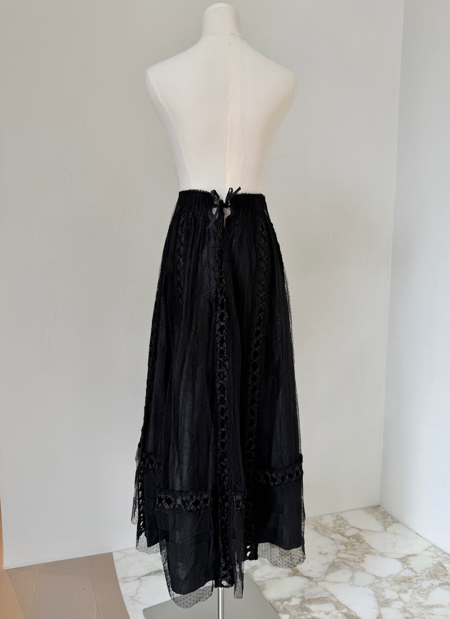 Edwardian Black Satin & Swiss Dot Tulle Skirt with Ribbon Bow Accents