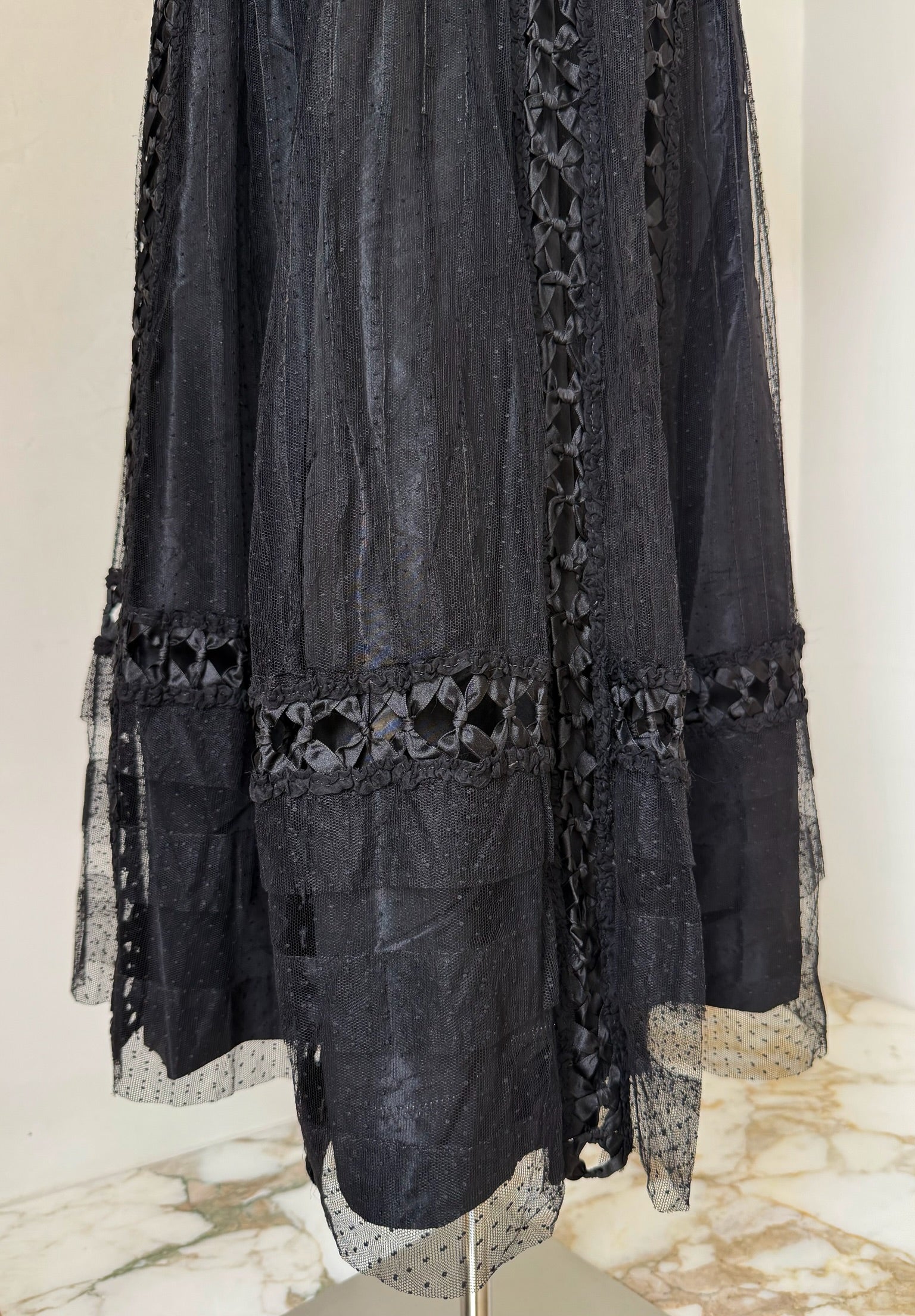 Edwardian Black Satin & Swiss Dot Tulle Skirt with Ribbon Bow Accents