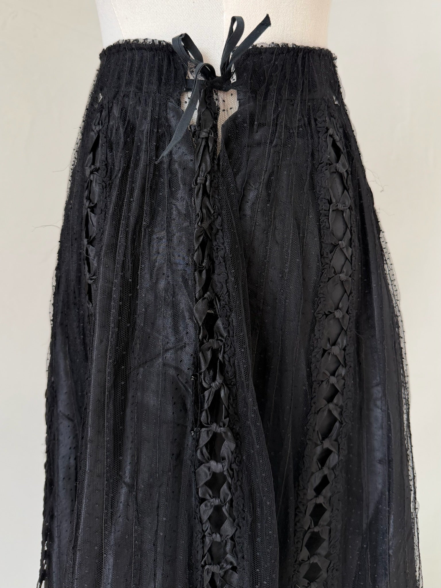 Edwardian Black Satin & Swiss Dot Tulle Skirt with Ribbon Bow Accents