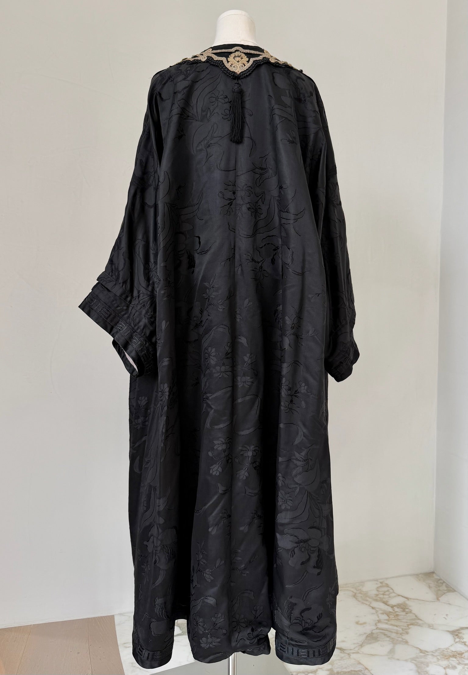 Embroidered Edwardian Black Silk Brocade Robe