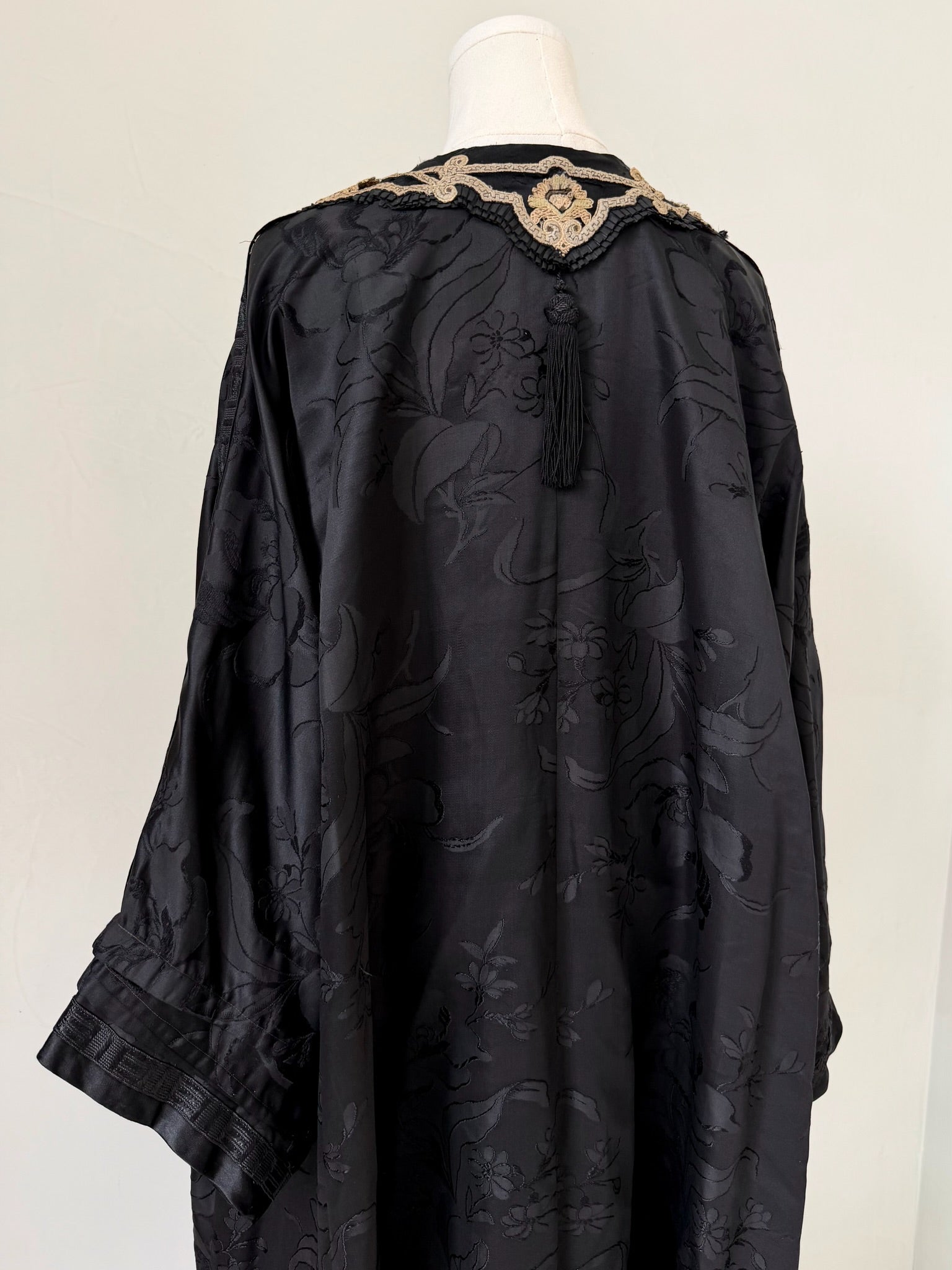 Embroidered Edwardian Black Silk Brocade Robe
