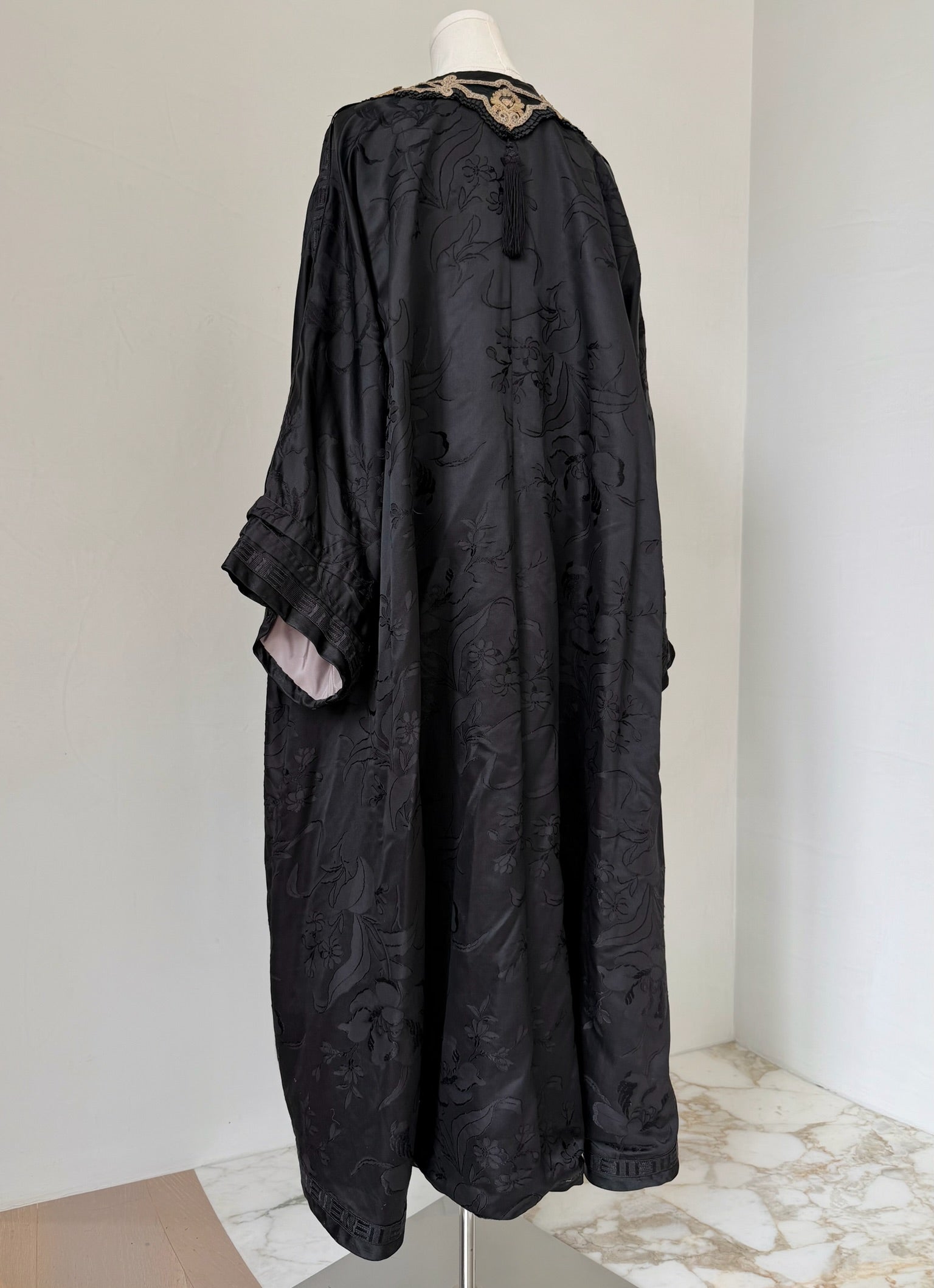 Embroidered Edwardian Black Silk Brocade Robe