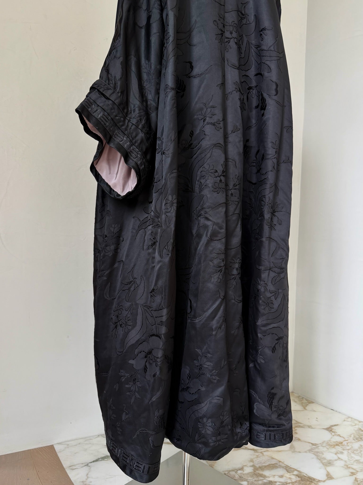 Embroidered Edwardian Black Silk Brocade Robe