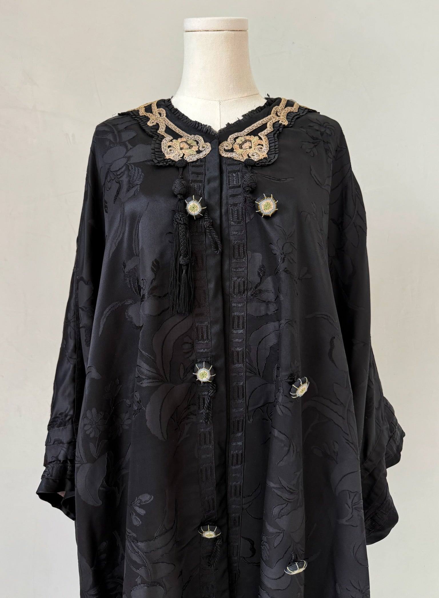 Embroidered Edwardian Black Silk Brocade Robe