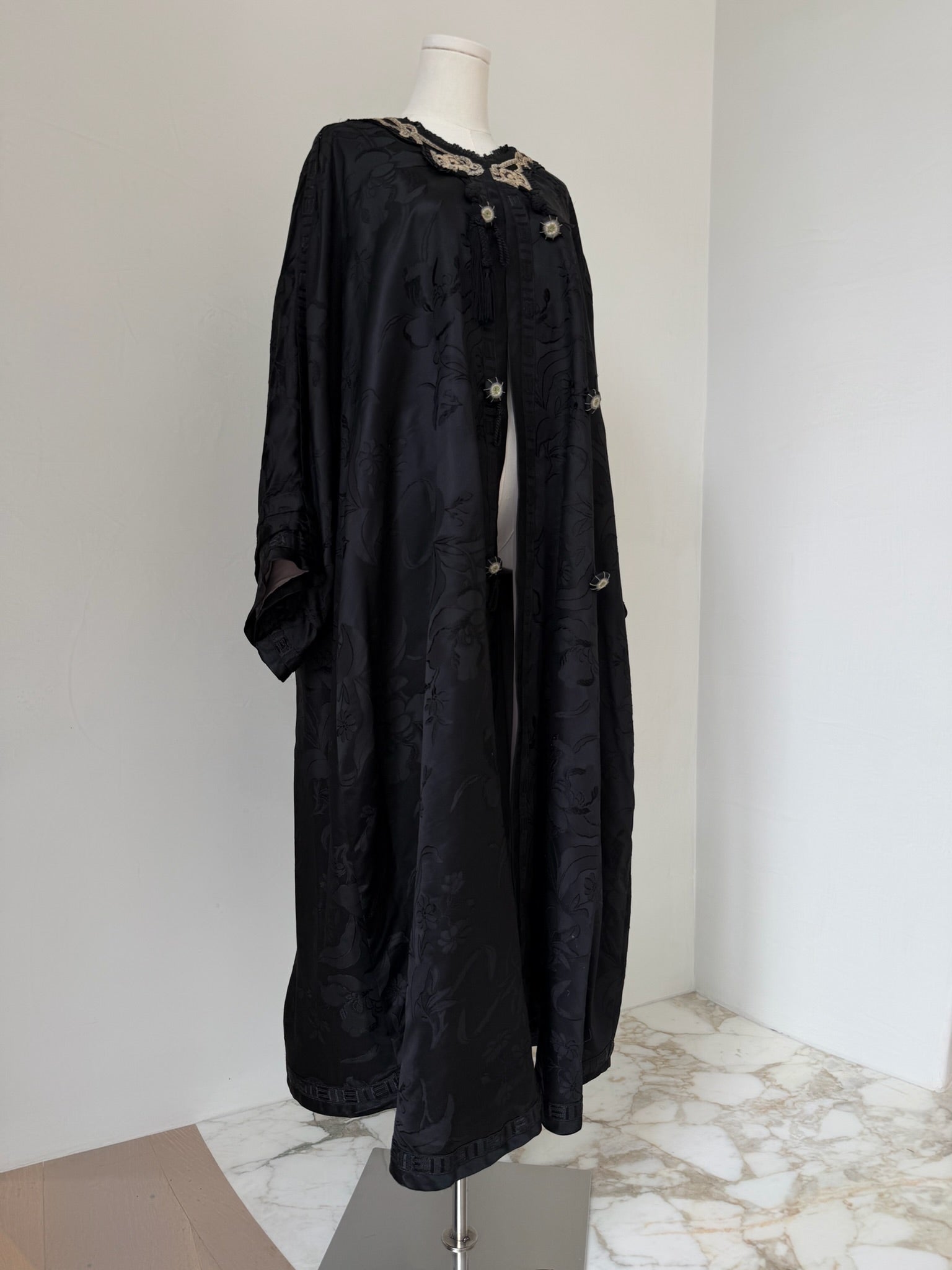 Embroidered Edwardian Black Silk Brocade Robe