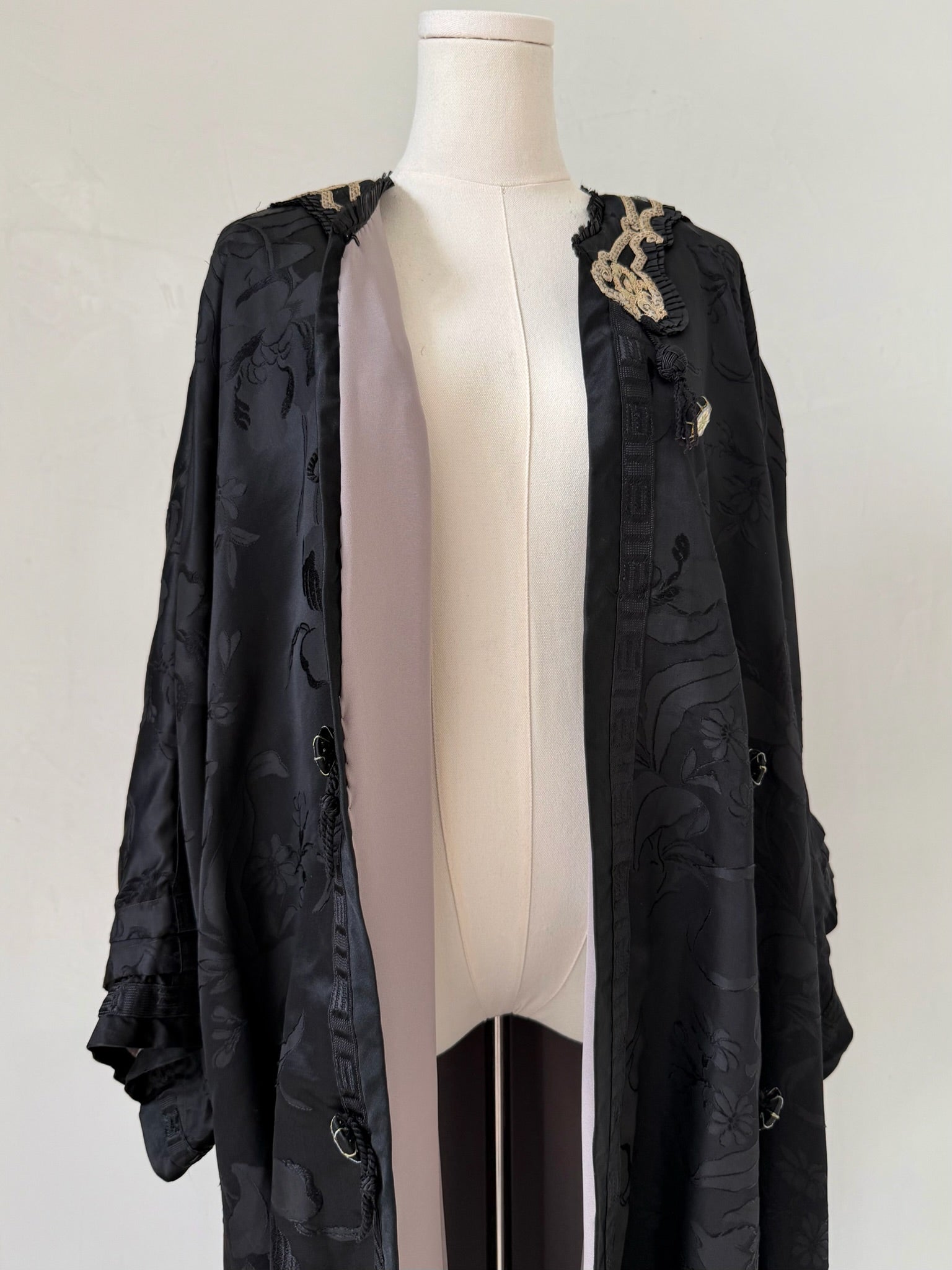 Embroidered Edwardian Black Silk Brocade Robe