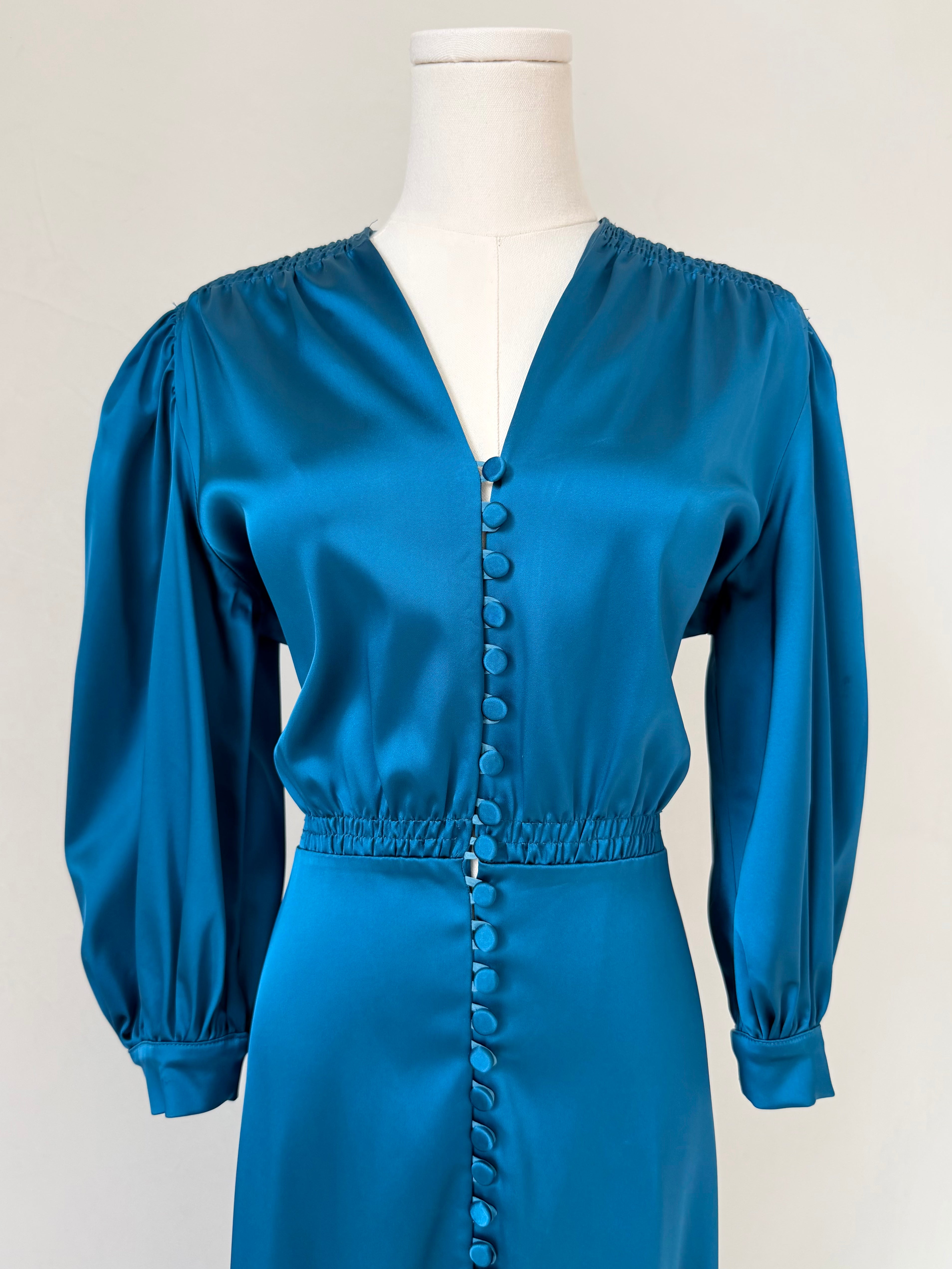 Teal Smocked Shoulder Button Down Dress