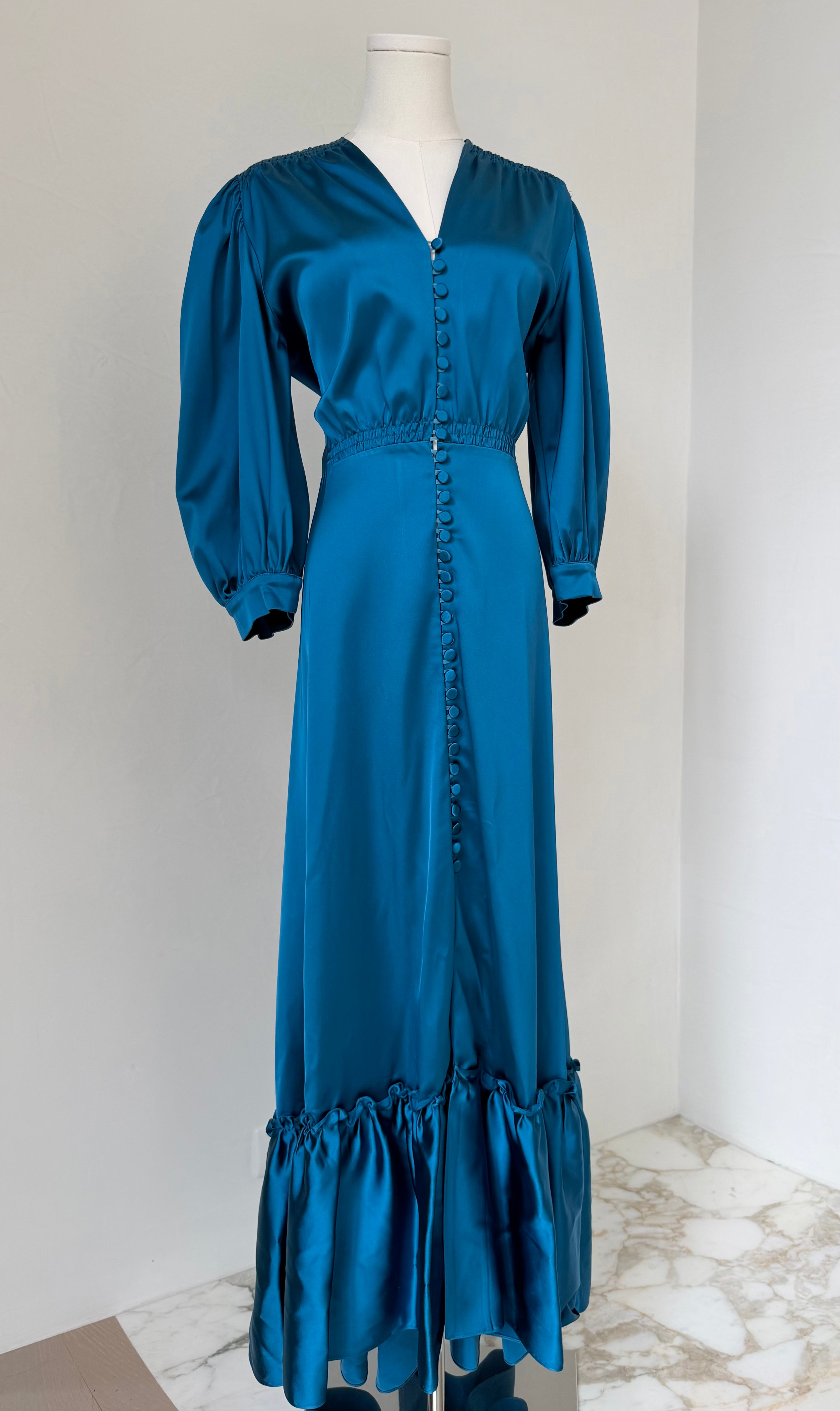 Teal Smocked Shoulder Button Down Dress