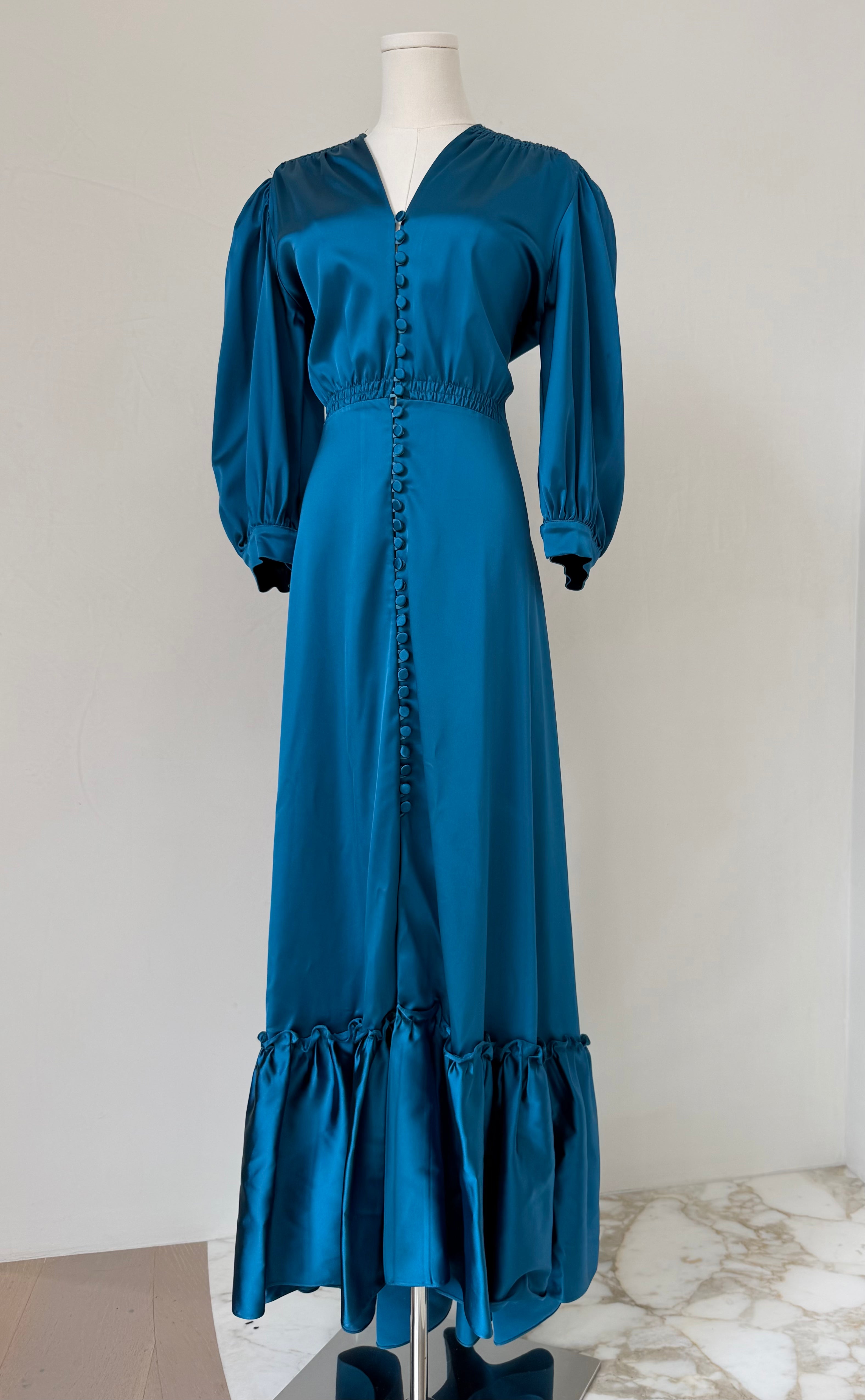Teal Smocked Shoulder Button Down Dress