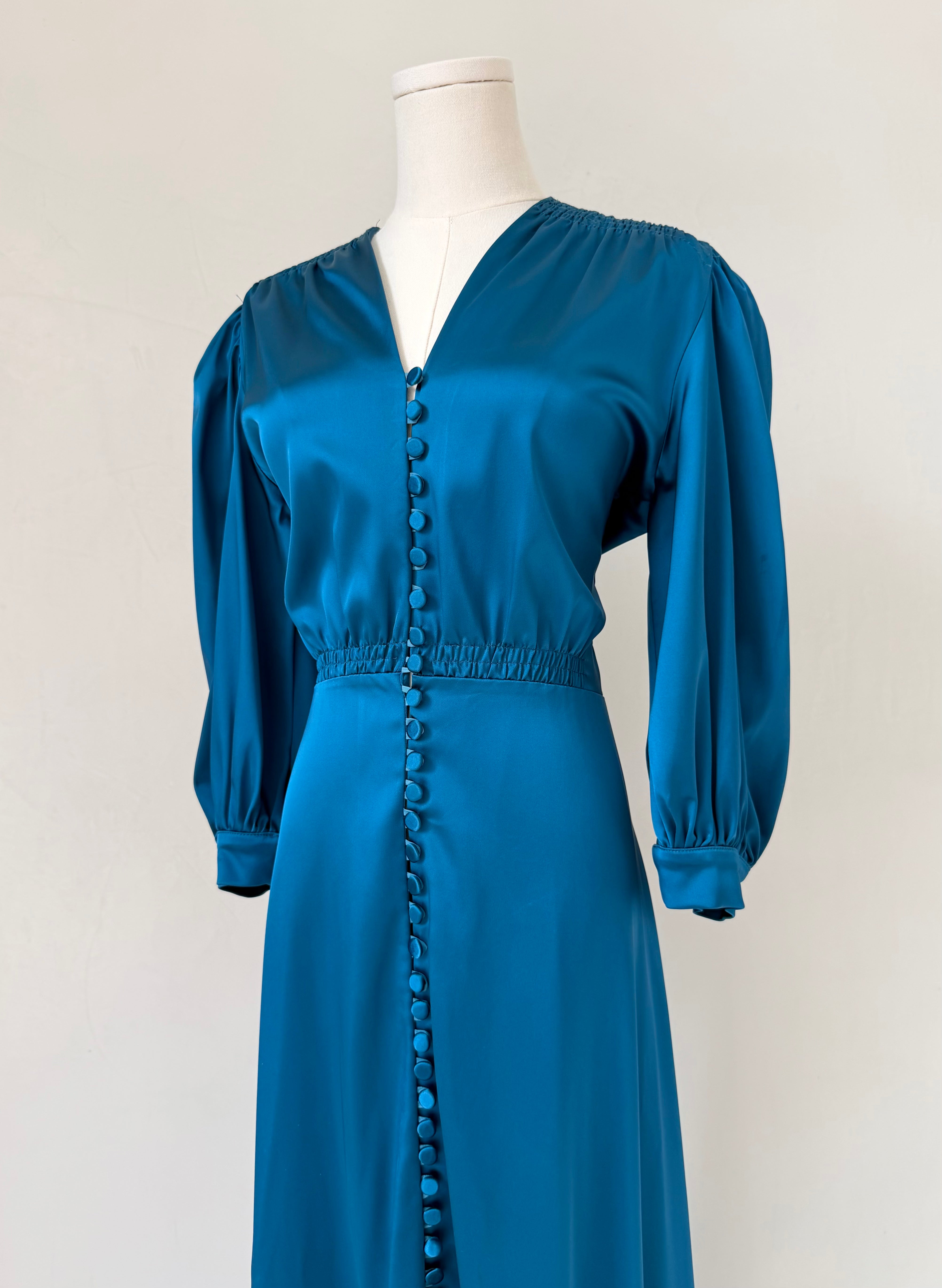 Teal Smocked Shoulder Button Down Dress