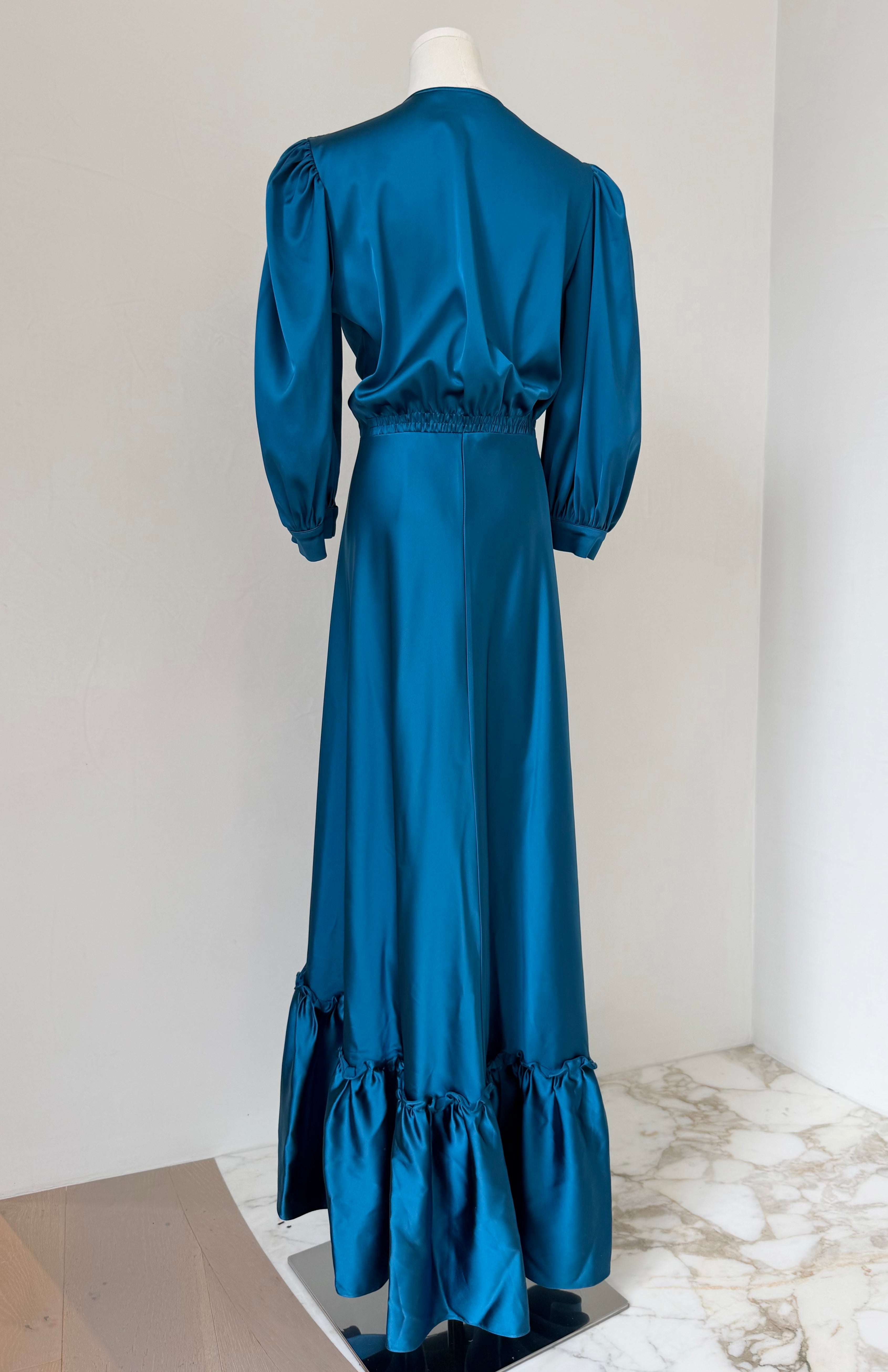 Teal Smocked Shoulder Button Down Dress