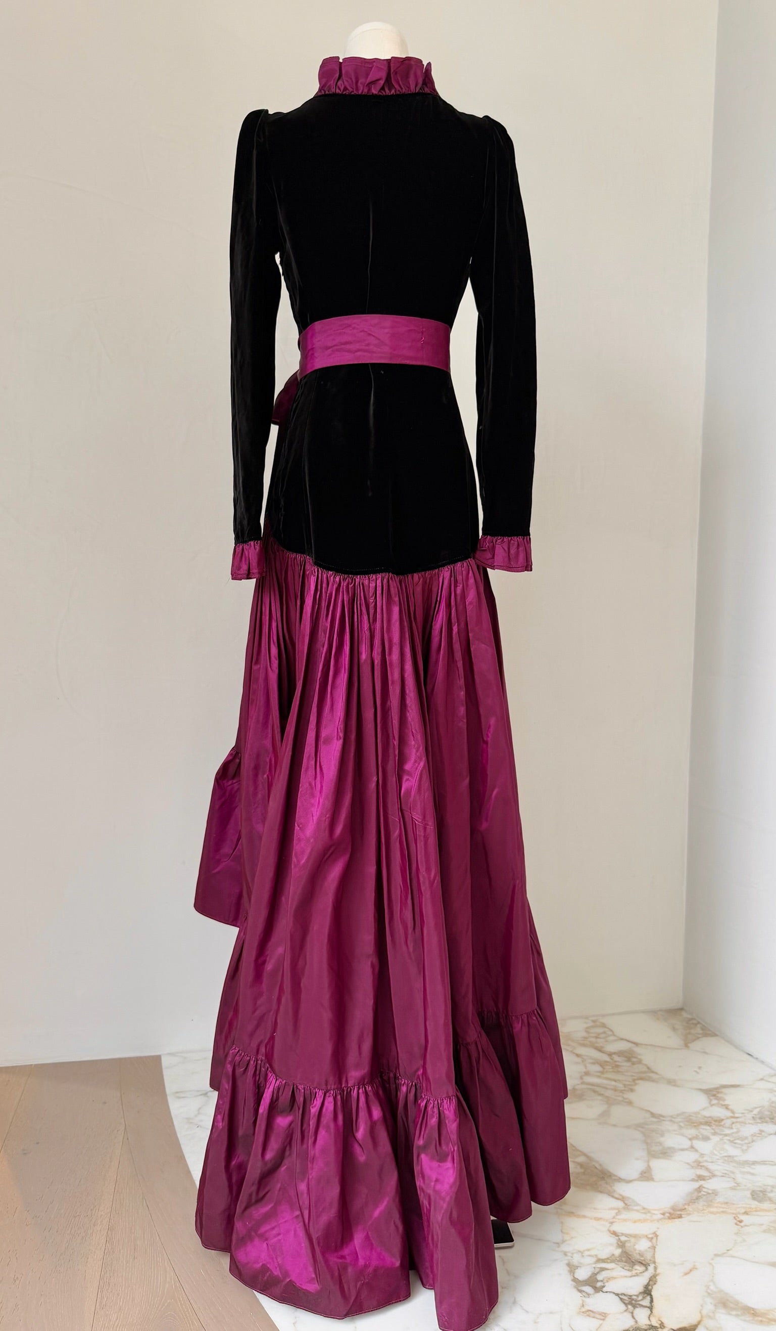 F/W 1982 Black Wool & Burgundy Silk Tie-Neck Dress