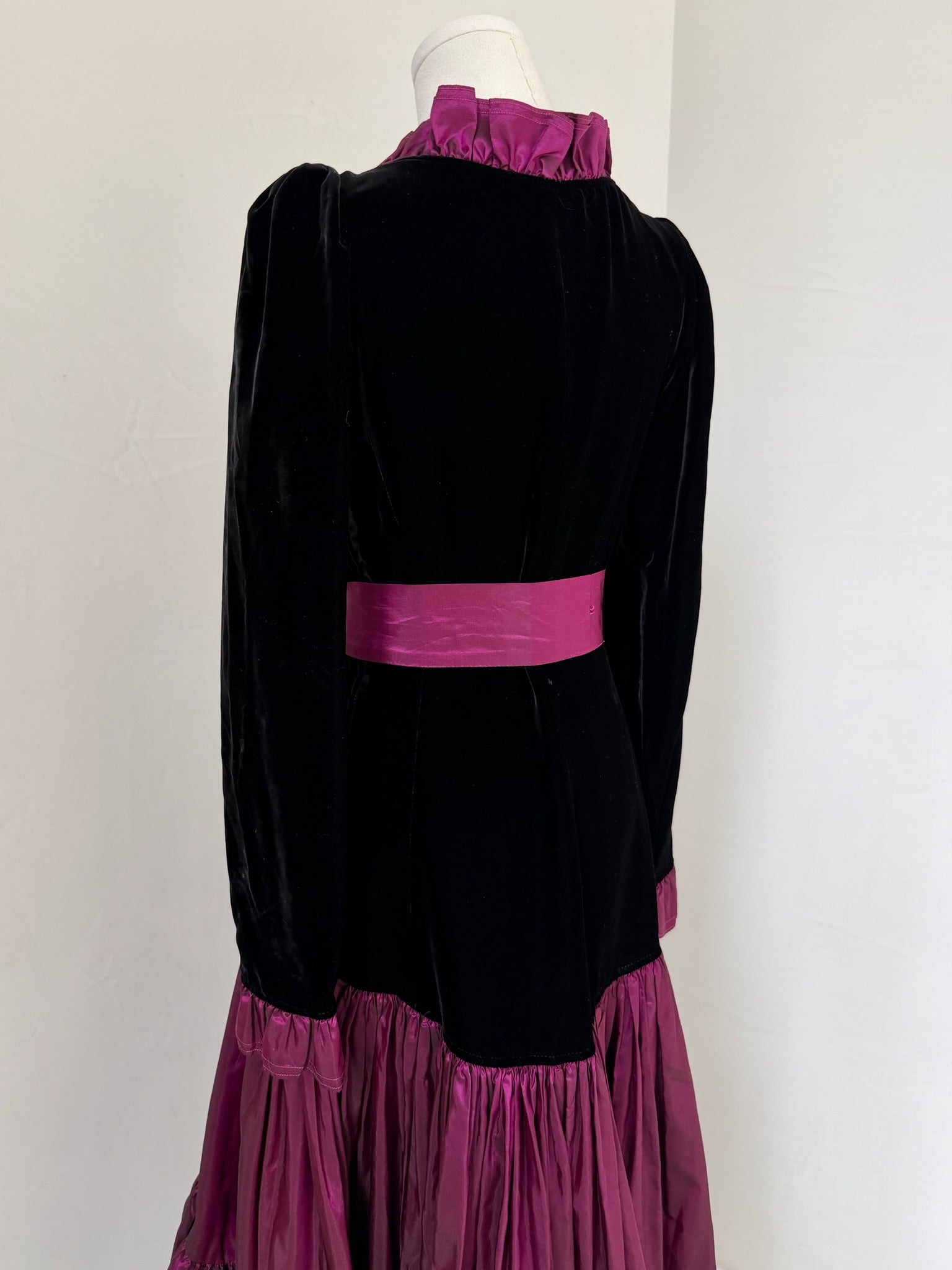 F/W 1982 Black Wool & Burgundy Silk Tie-Neck Dress