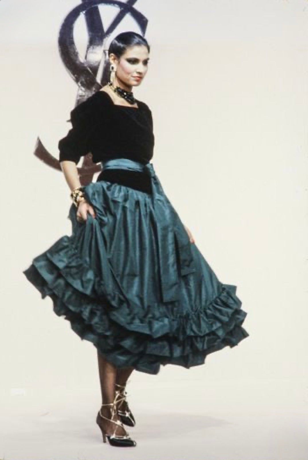 F/W 1982 Black Wool & Burgundy Silk Tie-Neck Dress