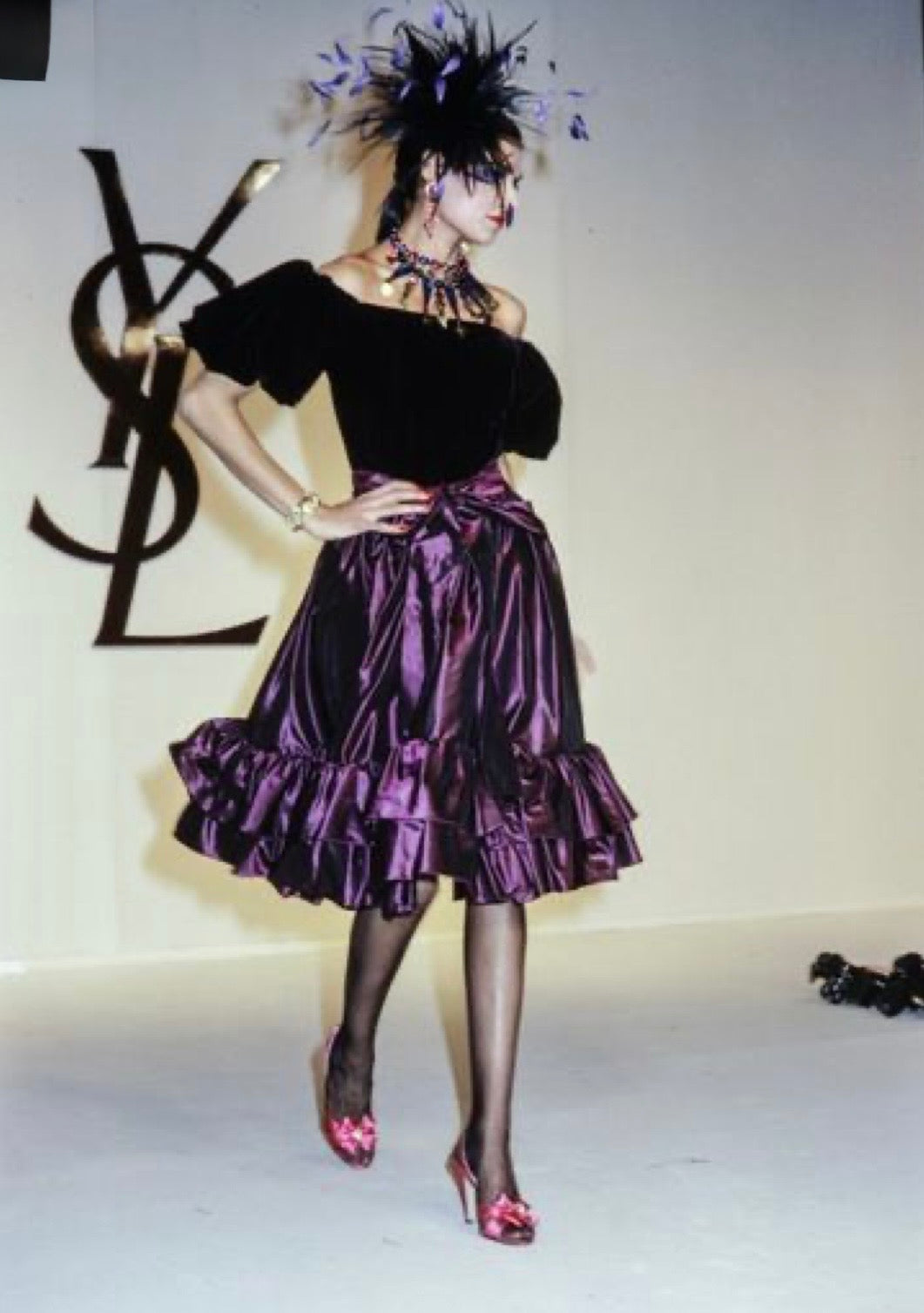 F/W 1982 Black Wool & Burgundy Silk Tie-Neck Dress