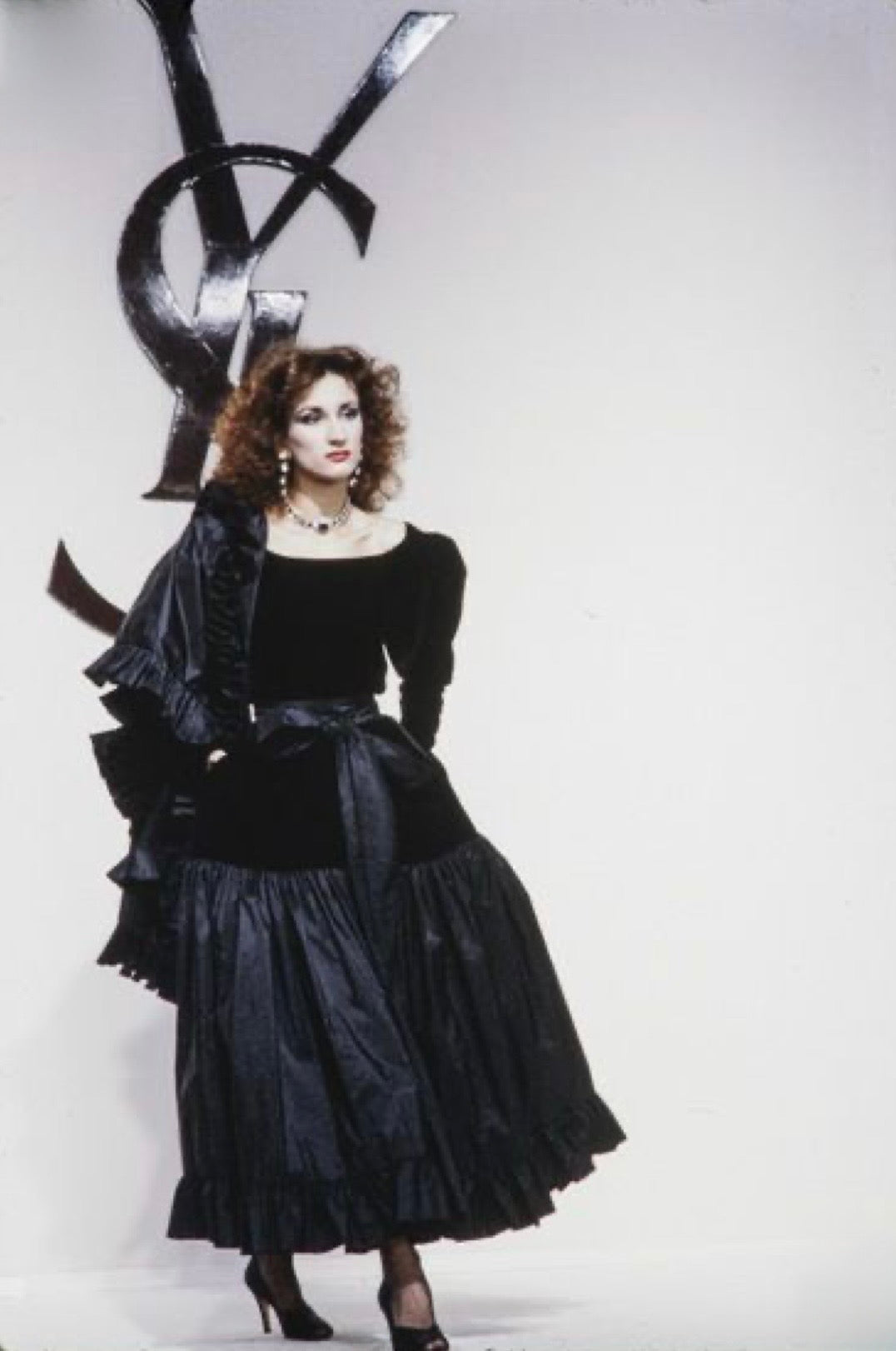 F/W 1982 Black Wool & Burgundy Silk Tie-Neck Dress