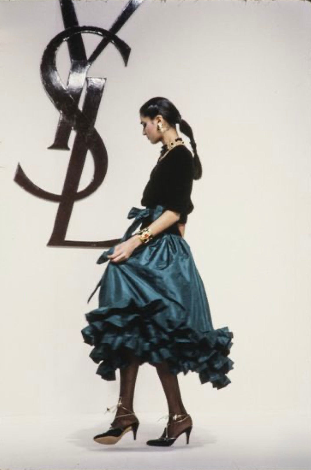 F/W 1982 Black Wool & Burgundy Silk Tie-Neck Dress