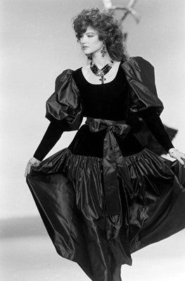 F/W 1982 Black Wool & Burgundy Silk Tie-Neck Dress