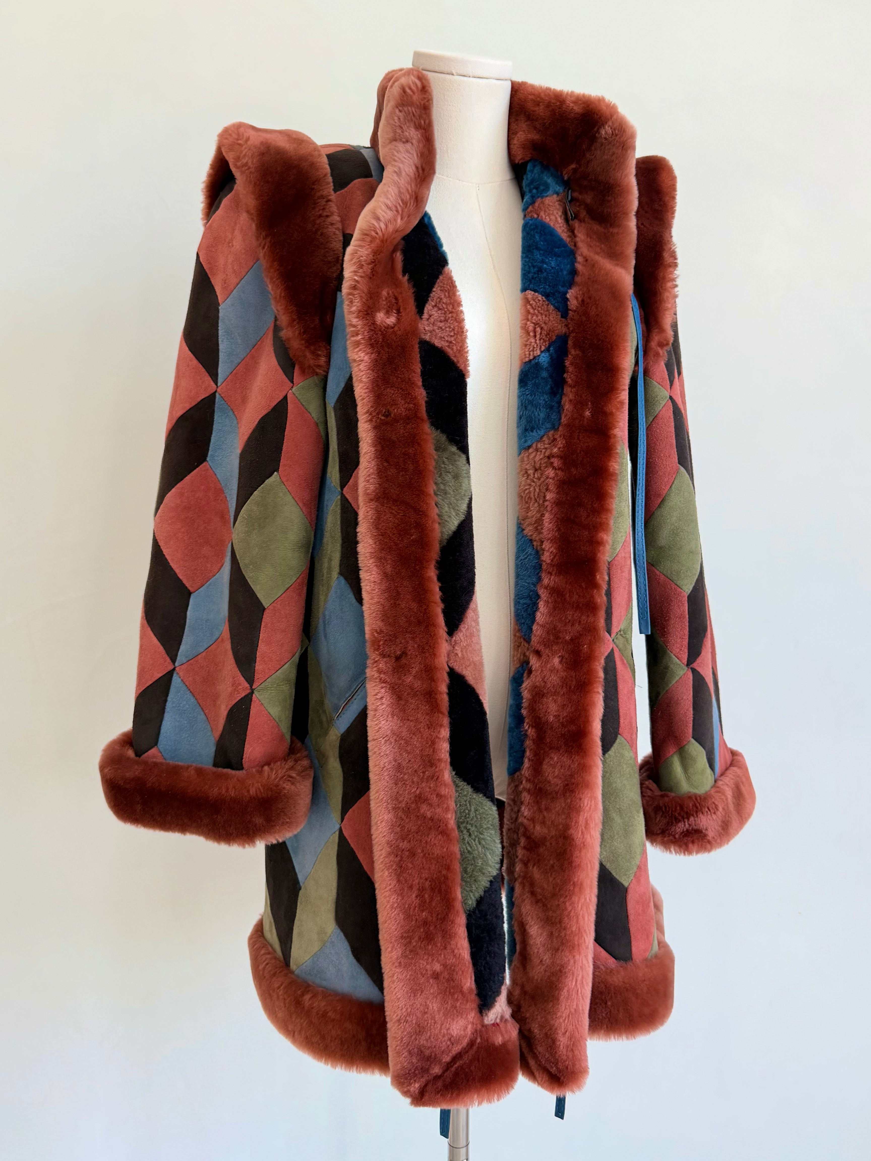 1970s Geometric Suede & Shearling Patchwork Coat