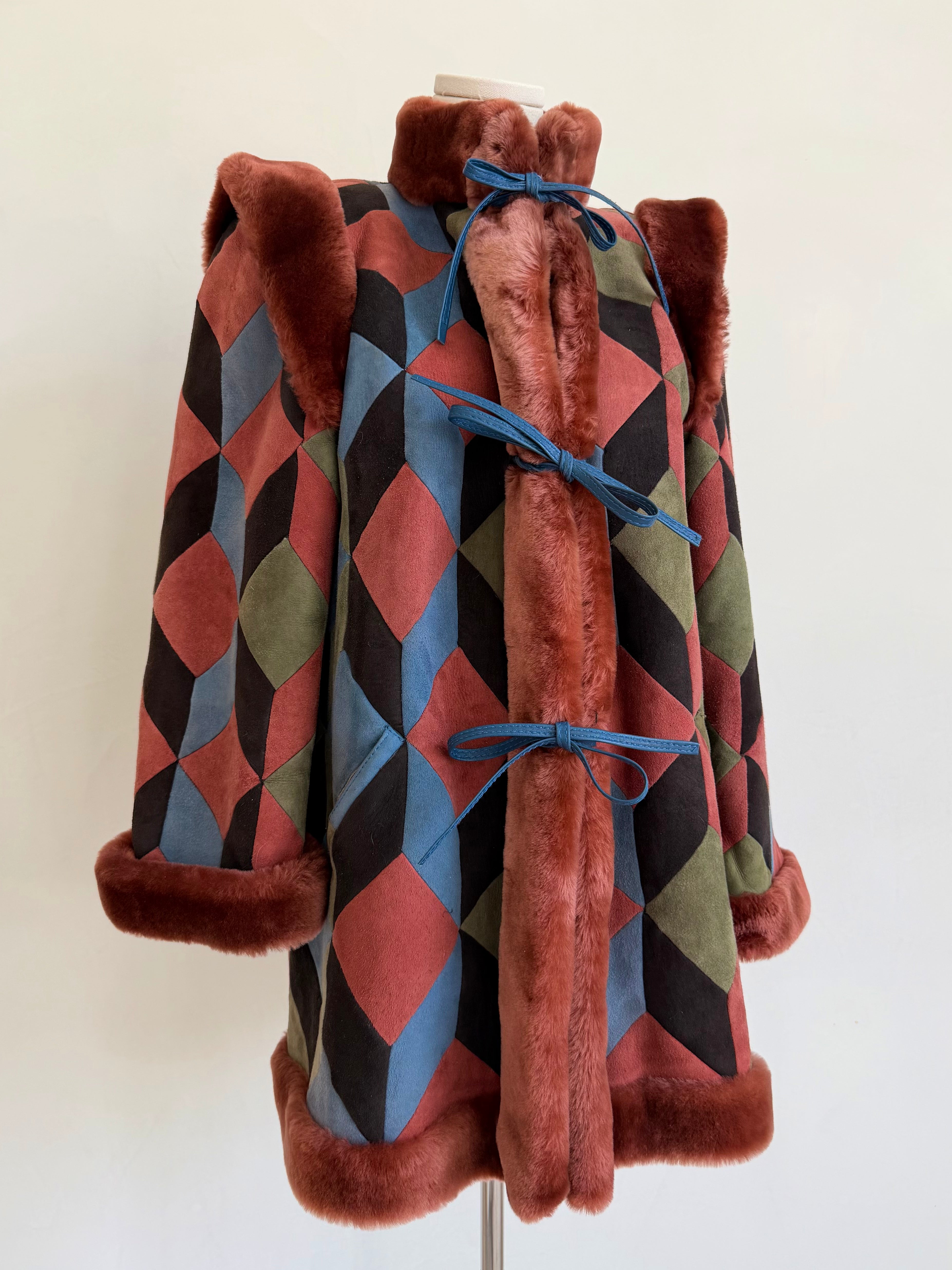 1970s Geometric Suede & Shearling Patchwork Coat